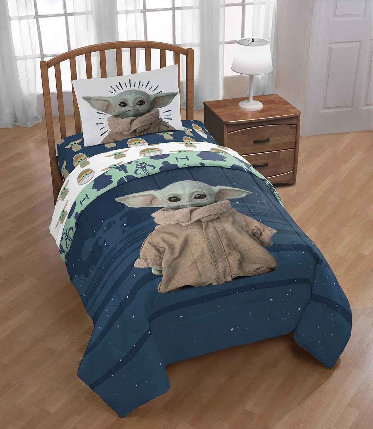 Jay Franco Star Wars The Mandalorian 4-Piece Twin Sheet Set – Includes 1 Flat Sheet, 1 Fitted Sheet &amp; 1 Reversible Pillowcase