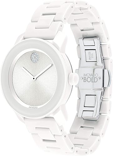Miniatura 3 de Movado Caja de acero de cerámica blanco llamativo para mujer y pulsera de eslabones, color blanco, Blanco