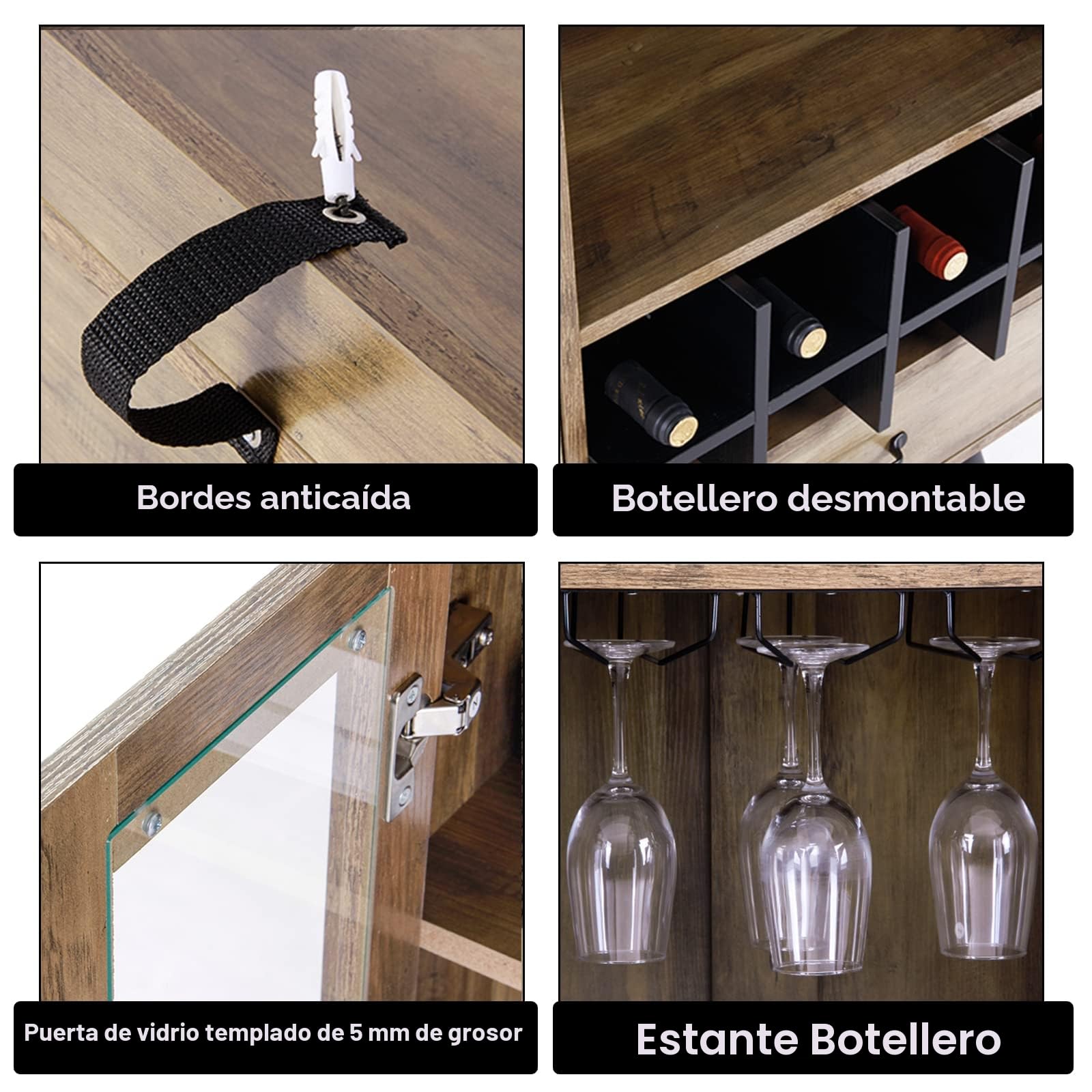 SogesHome Armario Buffet para Vino con Puerta de Cristal y cajón, 3 estantes con 8 Cubos, aparador de Almacenamiento con botellero para Entrada, salón, Cocina