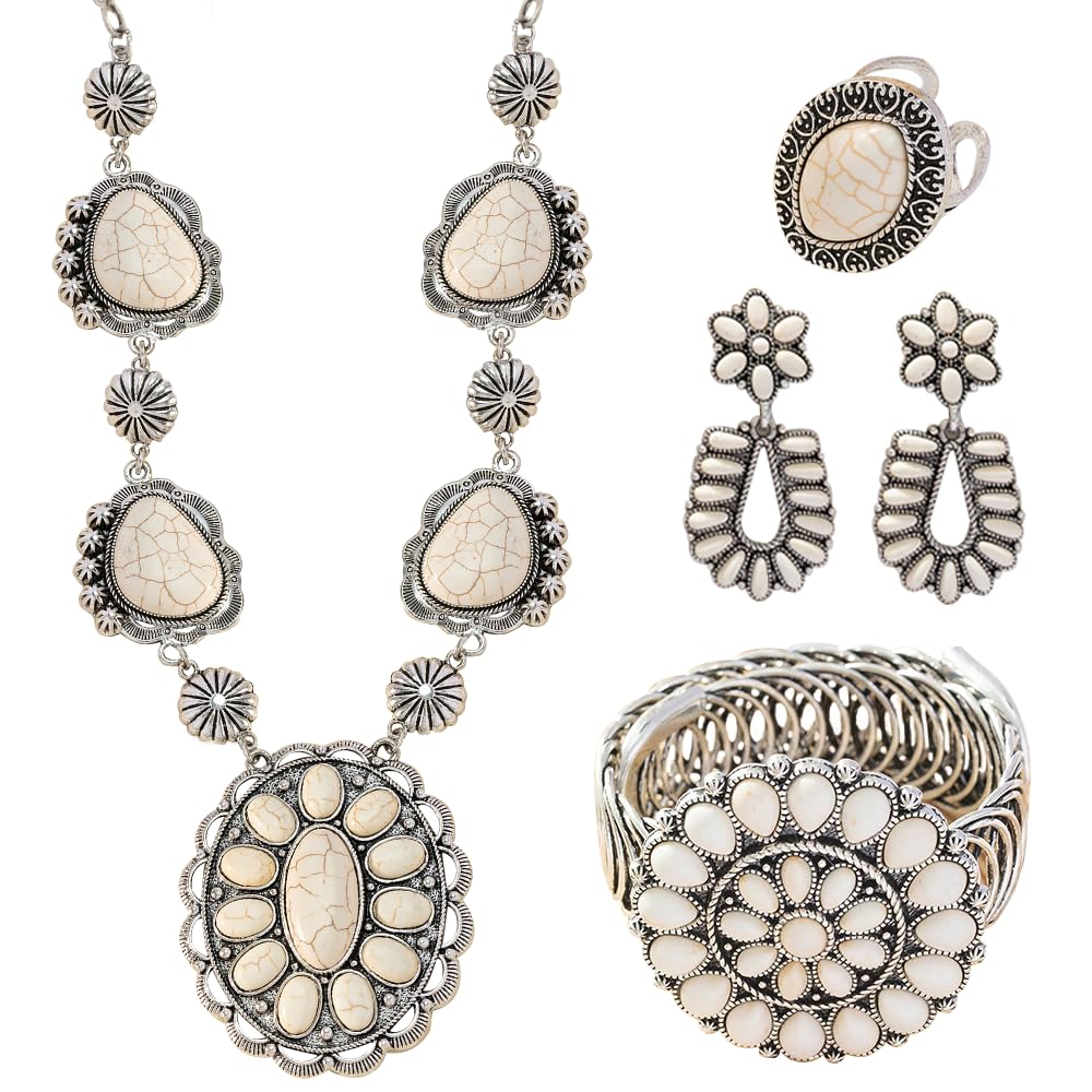 4 Pack Boho Vintage Turquoise Jewelry for Women, Bohemian Western Jewelry Set with Vintage Turquoise Necklace Dangle Earrings Stretchable Bracelet