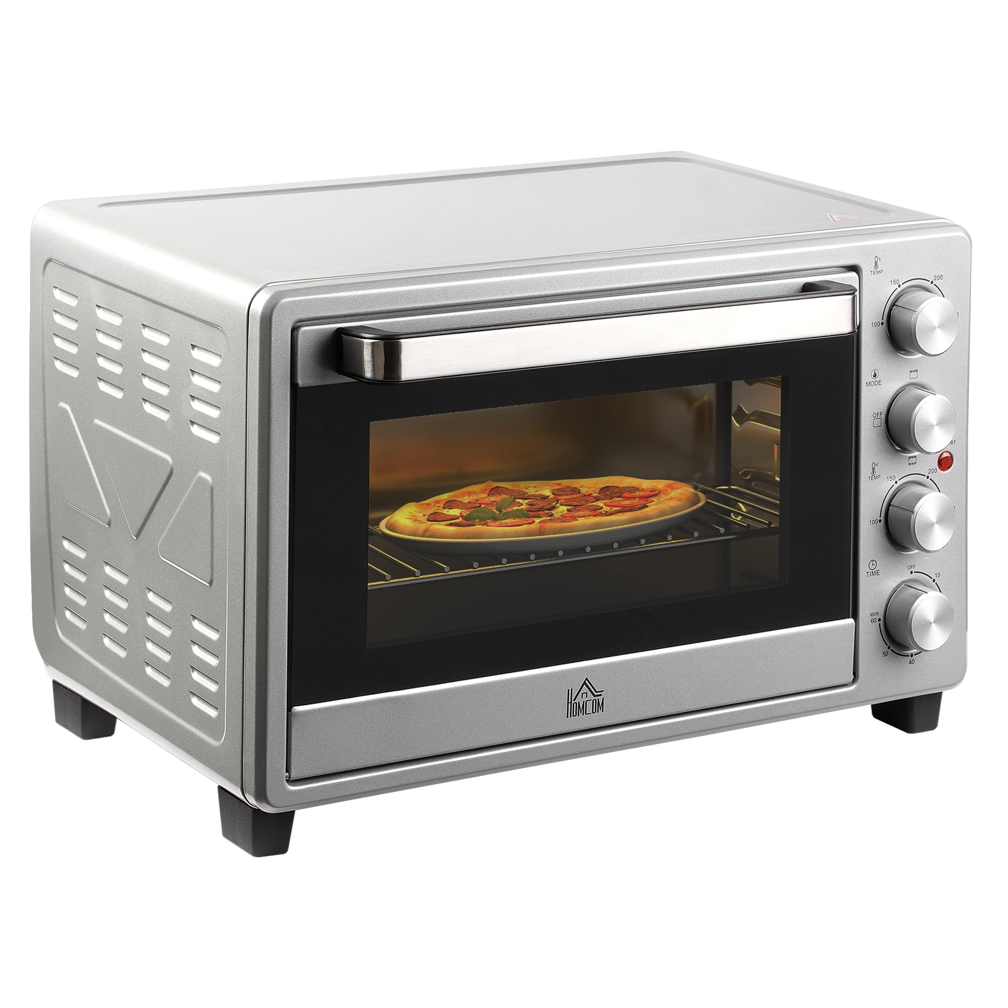 HOMCOM minipiekarnik 32 l z płytami grzewczymi elektryczny piekarnik mini dno z tacką na okruchy metal stal nierdzewna szkło kolor srebrny 52,2 x 38,1 x 33,5 cm