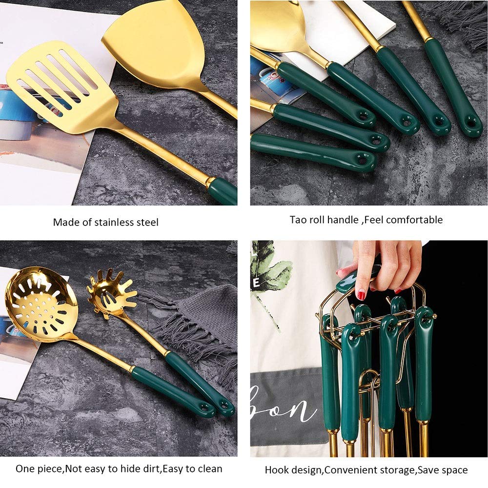 Juego de utensilios de cocina de acero inoxidable con mango de cerámica antiadherente, soporte de almacenamiento, 7 piezas, kit de utensilios de cocina para utensilios de cocina, regalo de color verde