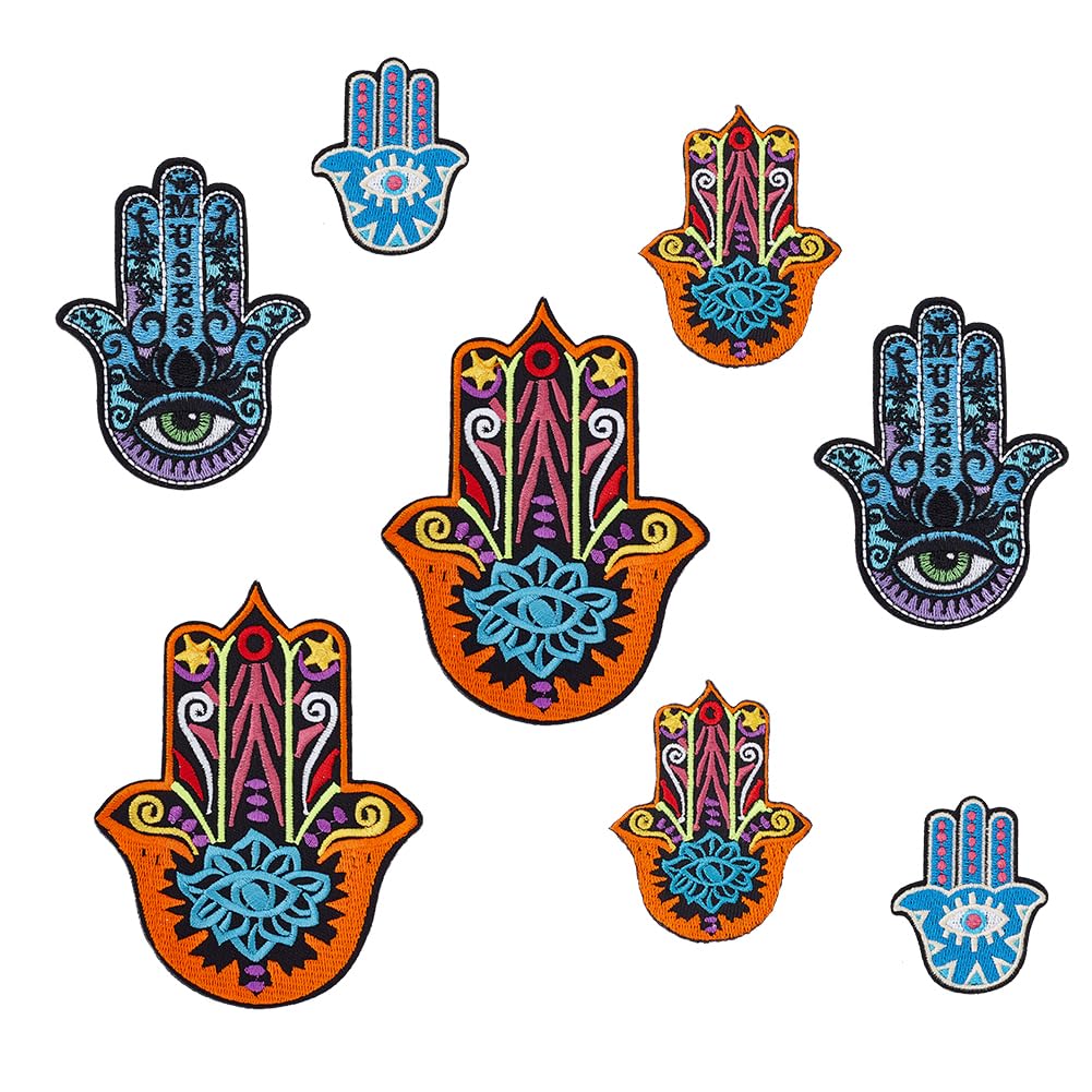 AHANDMAKER 8pcs Hamsa Eye Hand Embroidered Iron-on Patch, 4 Style Embroidered Badge Patch Sew On Patches DIY Decorative Patches Applique Patch for Dress Jeans Jackets Handbag Clothing