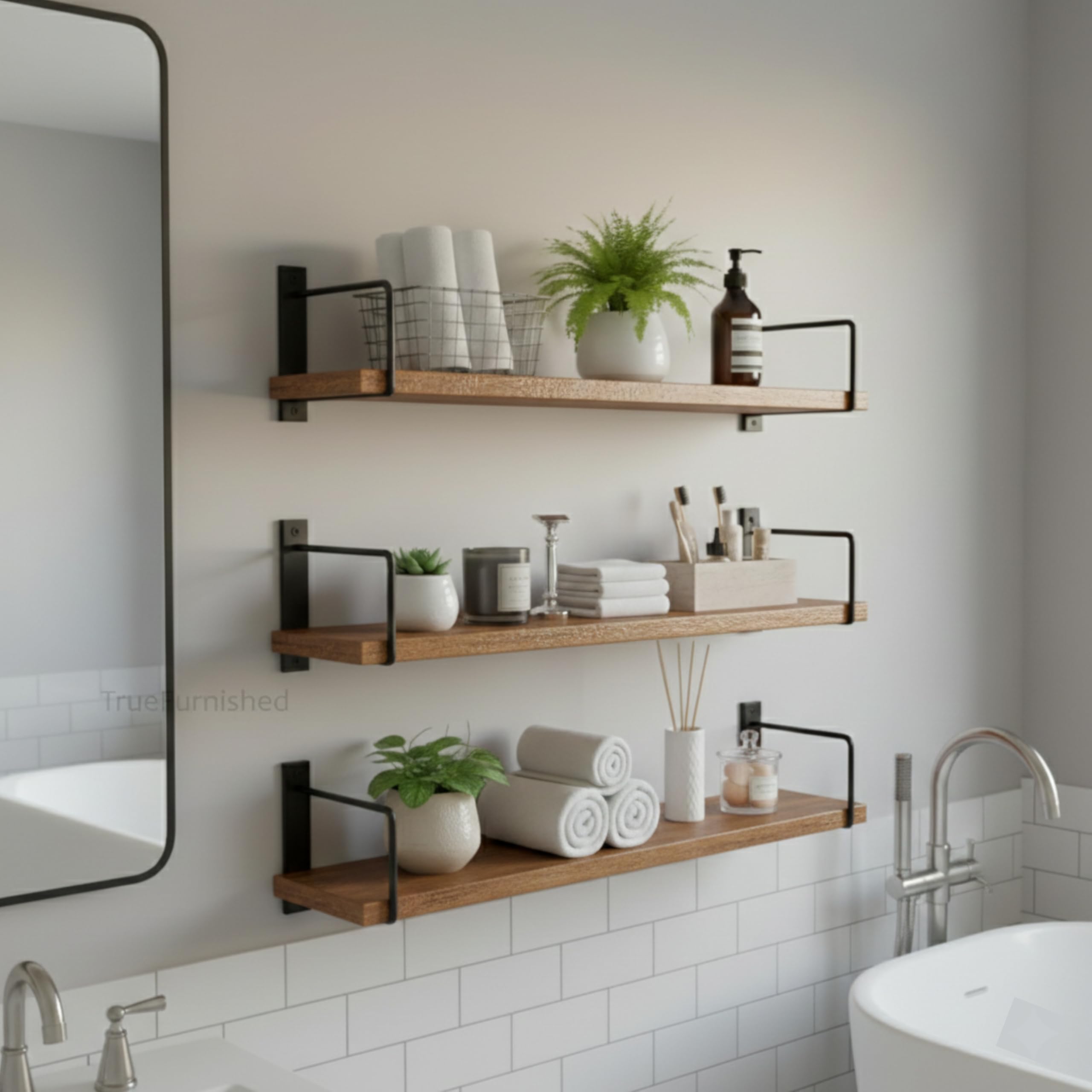 TrueFurnished Floating Shelves Set of 3 for Living Room Bedroom Bathroom Kitchen Brown Rustic Wood Design Wall Mounted Shelf Metal Brackets, Storage Shelves for Wall Shelf & Plants Organiser 23.5"