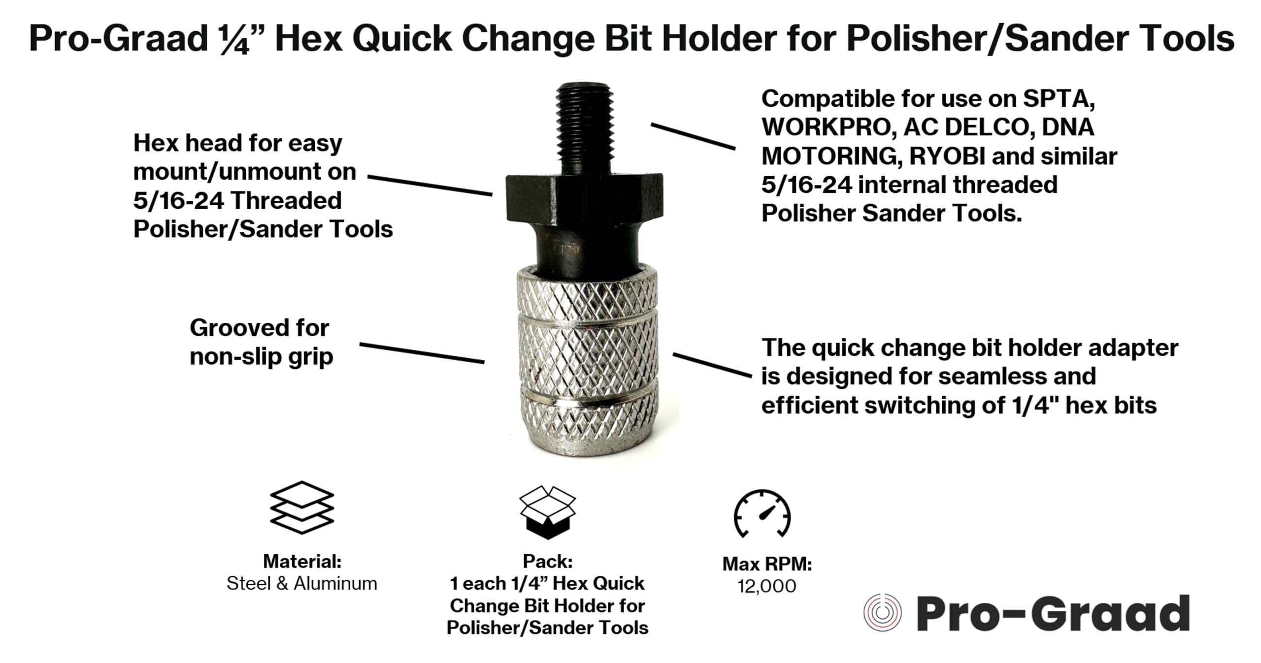 Pro-Graad Adapter for Orbital/DA & 12V Cordless Polisher Sander Tools with Inte