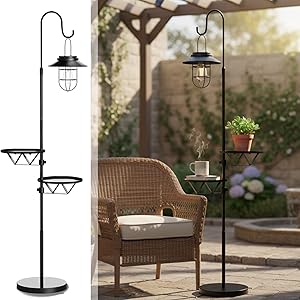 Kirschblüte Solar Floor Lamp with Table, 60" Outdoor Shepherd Hook with Solar Lantern, Waterproof Metal Side Table for Patio, Heavy Duty Solar Pole Light for Garden, Deck, Porch and Backyard Decor