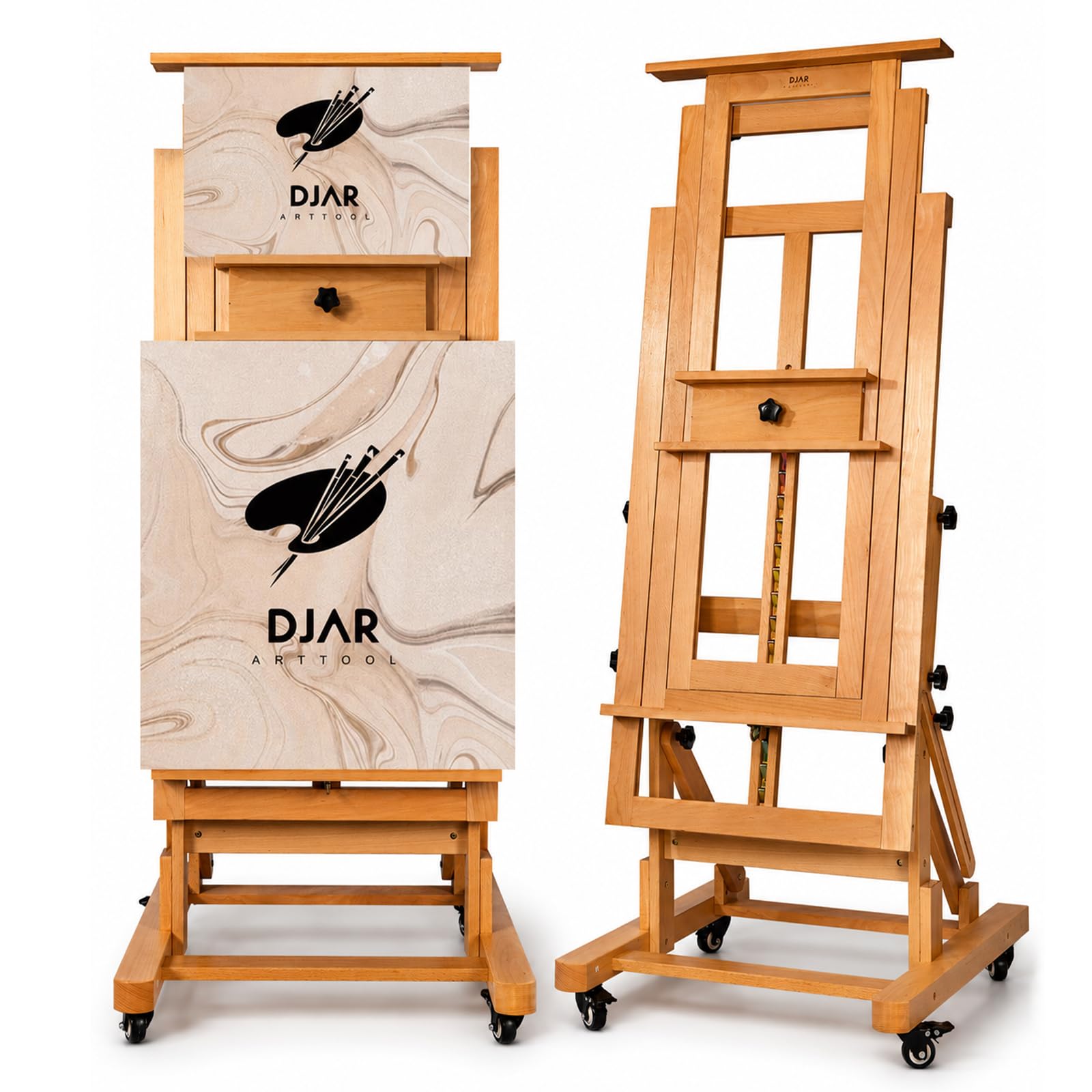 DJAR Extra Großes H-Rahmen Staffelei aus Buchenholz, Verstellbare Profi Atelierstaffelei mit Rollen, Neigbar für Aquarell & Ölmalerei, Hält 1 oder 2 Leinwände bis 201 cm, Natur