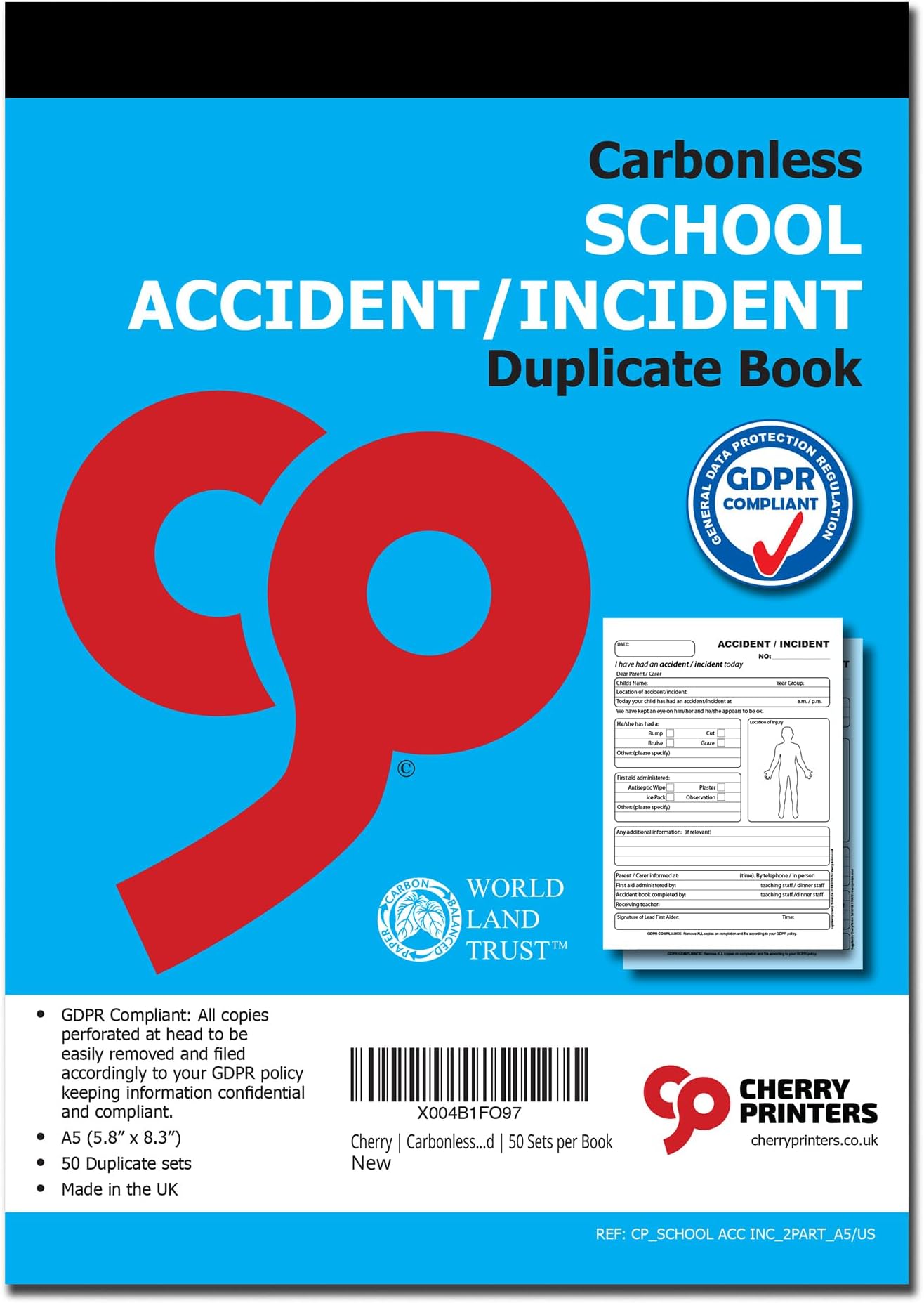 Cherry | Carbonless NCR | School Accident/Incident Book for Pupils | Duplicate | A5 (148 x 210 millimetres) Loose Leaf Writing Shield Included | 50 Sets per Book