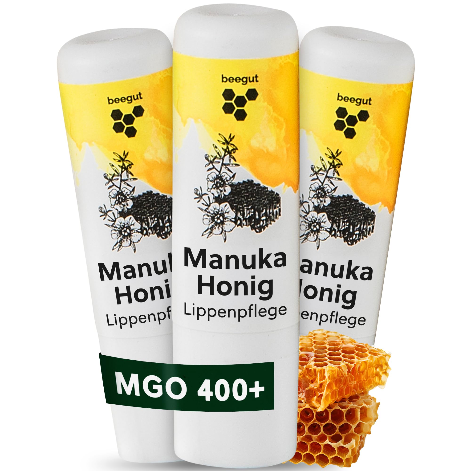 beegut Manuka Lippenpflege - Lippenbalsam mit Manuka Honig, Propolis & Bienenwachs - spendet Feuchtigkeit & schützt intensiv (3er Pack)
