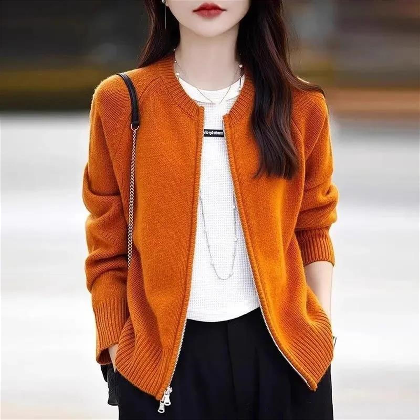 Cárdigan de gran tamaño con doble cremallera para mujer, cuello redondo, manga larga, chaqueta de punto liso, para otoño e invierno, ropa de abrigo casual