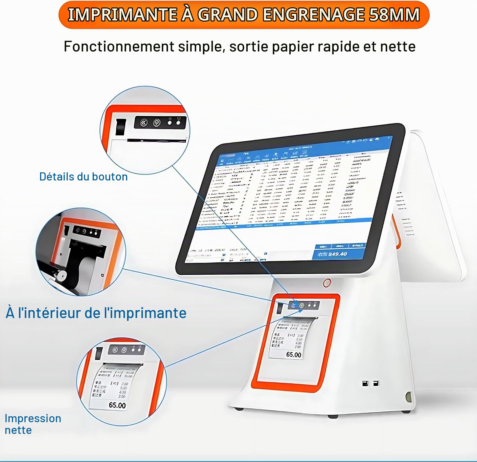 Système de Point de Vente (PDV) pour Petites Entreprises, Caisse enregistreuse Tout-en-Un avec Double écran Tactile, Lecteur de Codes-Barres, imprimante, tiroir-Caisse