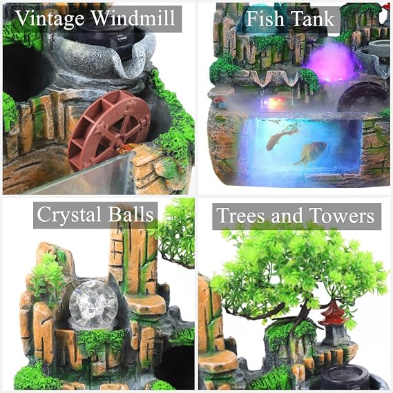 Atomizing Rockery Water Fountain Desktop Chinese Fengshui Tabletop Fountain Plants, Desktop Fountains, Atomizing Humidifier Fountain LED Lamp Waterfall for Home Office Bedroom Desk Decoration
