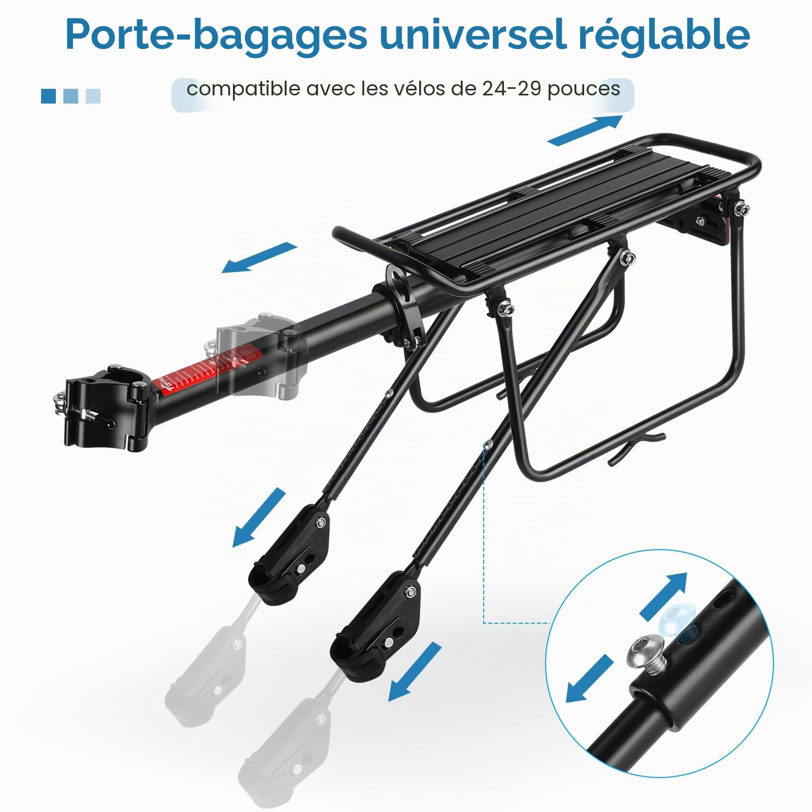 Toptrek Porte-bagages VTT pour vélo de 24 à 29 pouces | Universel en alliage d'aluminium, 50 kg de charge | Arrière pour VTT, vélo de route