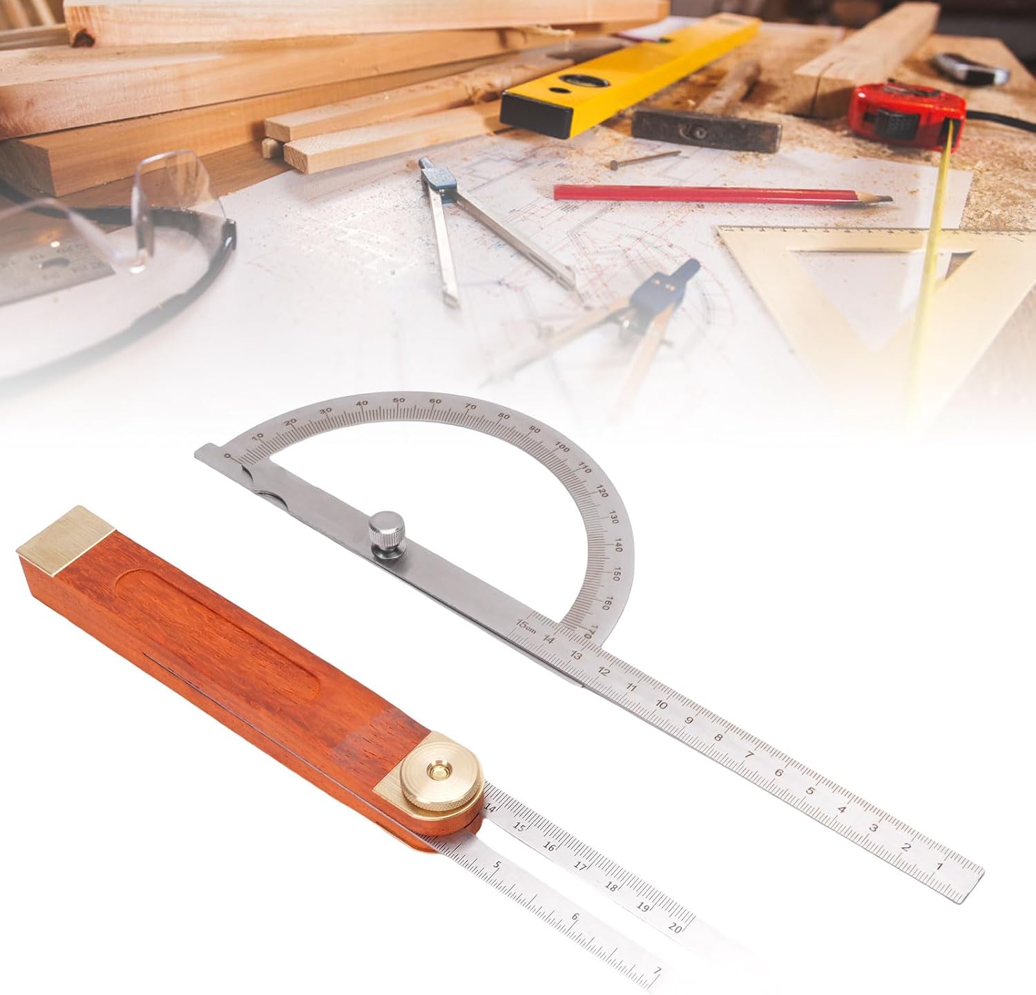 Adjustable Angle Finder Protractor Kit Stainless Steel Brass Wood, Dual Scale Ruler and Sliding Gauge - Durable Construction, 360 Degree Rotation, Ideal for Woodworking and Craft