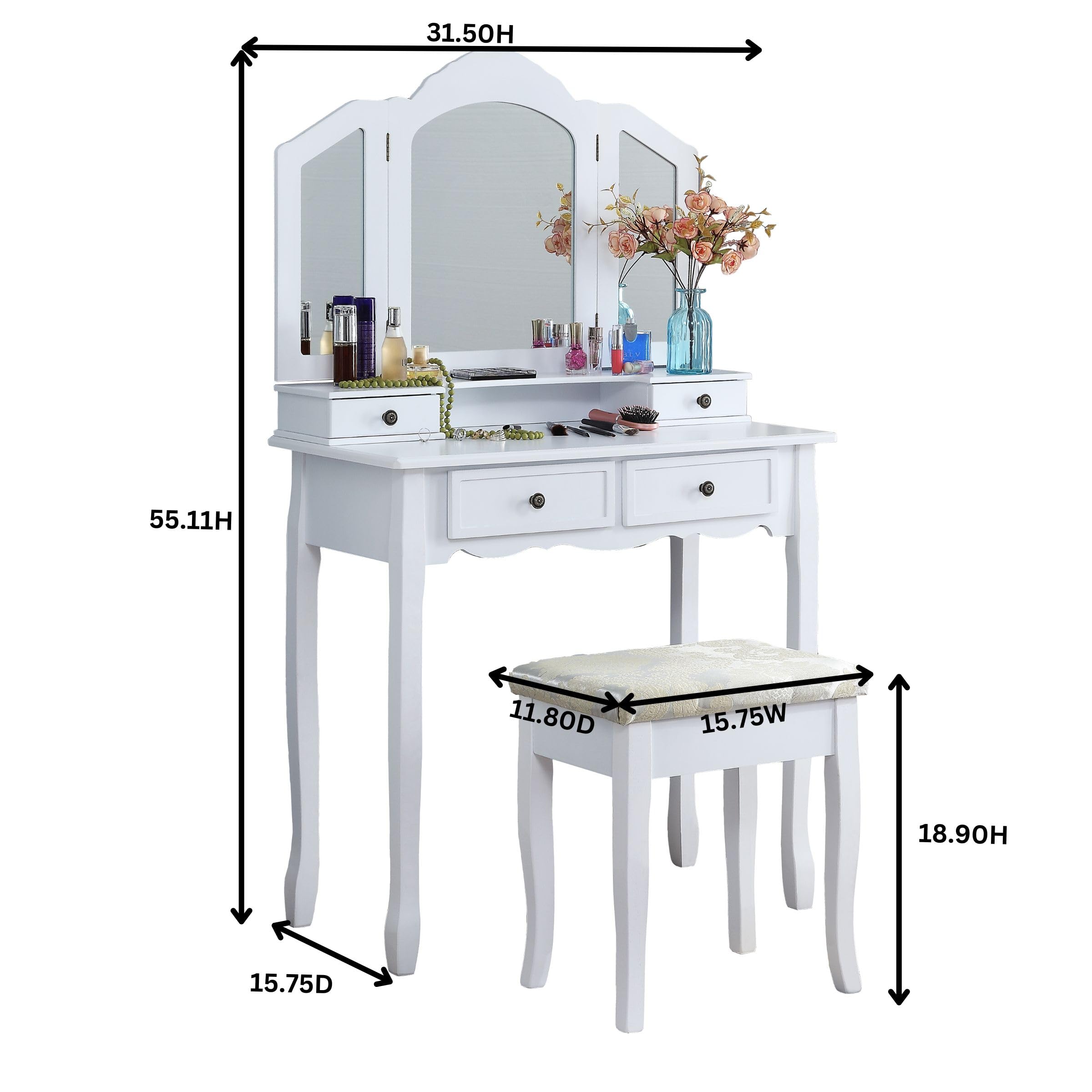 aphrophina Elegant Wooden Vanity Makeup Table and Stool Set for Daily Glamour, Stylish Rose Gold Finish with Ample Storage