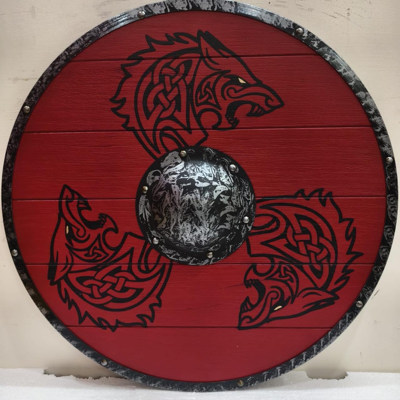 Nautical Replica Hub Bouclier viking en bois 3 dragons Mythologie nordique Valhalla Bouclier viking médiéval guerrier bataille usé bouclier