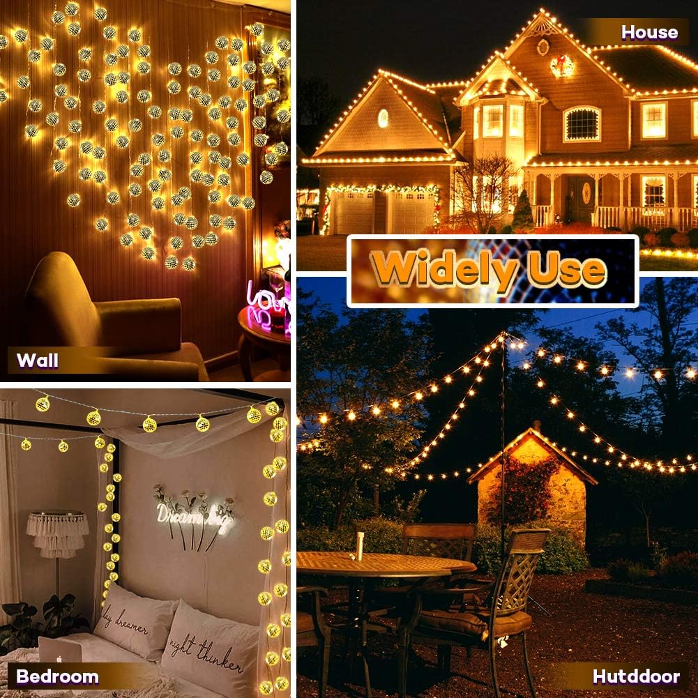 AceList 50 LED Disco Ball Mirror LED Party Light String Christmas Lanterns for Holiday Wall Window Tree Decorations Indoor Outdoor Patio Party Yard Garden Kids Bedroom Living(Warm White)