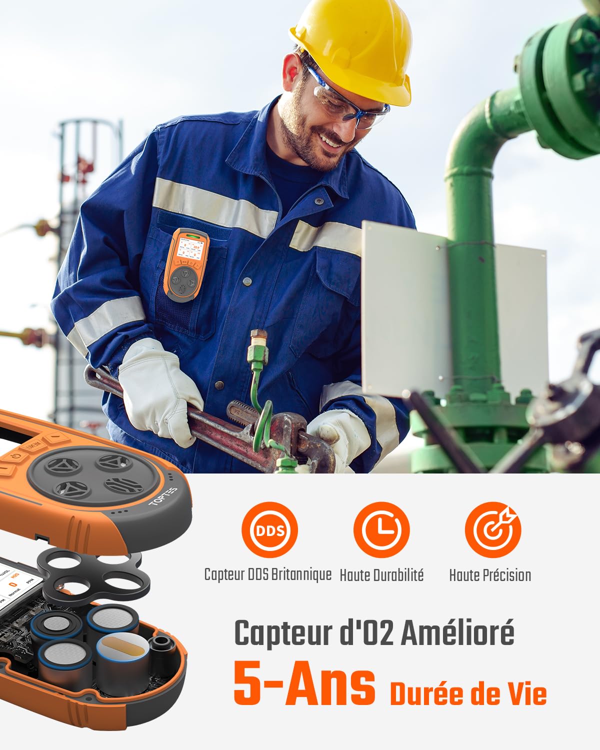 TopTes Détecteur De Gaz, Moniteur 4 Gaz pour H2S, CO, LEL Et O2, avec Écran Couleur TFT, Capteur O₂Amélioré (5 Ans), Exportation de Données USB,18h Autonomie, Fiable pour Travail & Maison