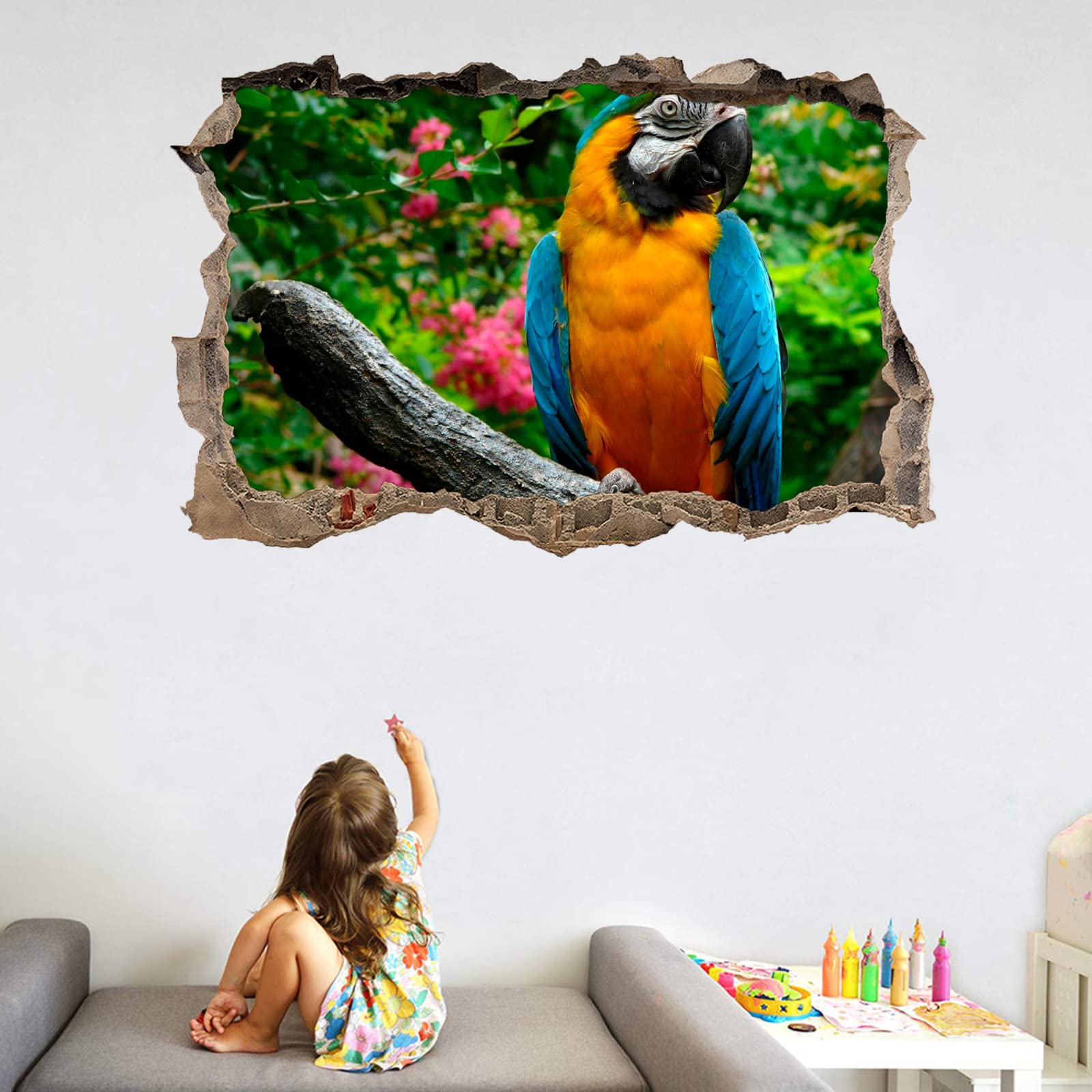 Tier Wandtattoos 3D Durchbruch Wandsticker Mauerloch Selbstklebend Wandaufkleber Papagei B 120 x H 80 cm für Kinderzimmer Schlafzimmer Wohnzimmer