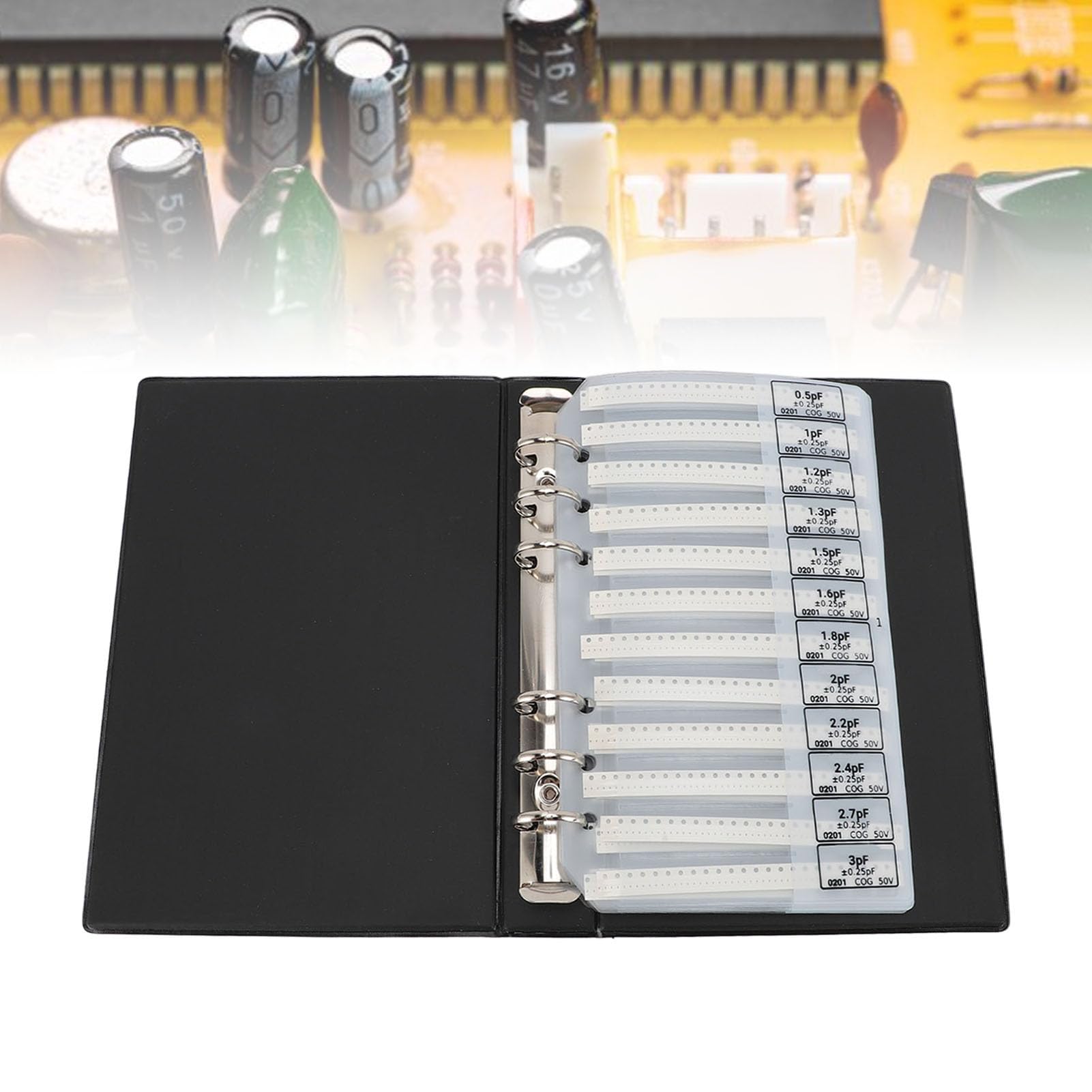 0201 Libro campioni di condensatori SMD, libro campioni di componenti elettronici di valore 84, kit di assortimento di condensatori in plastica nera per professionisti o
