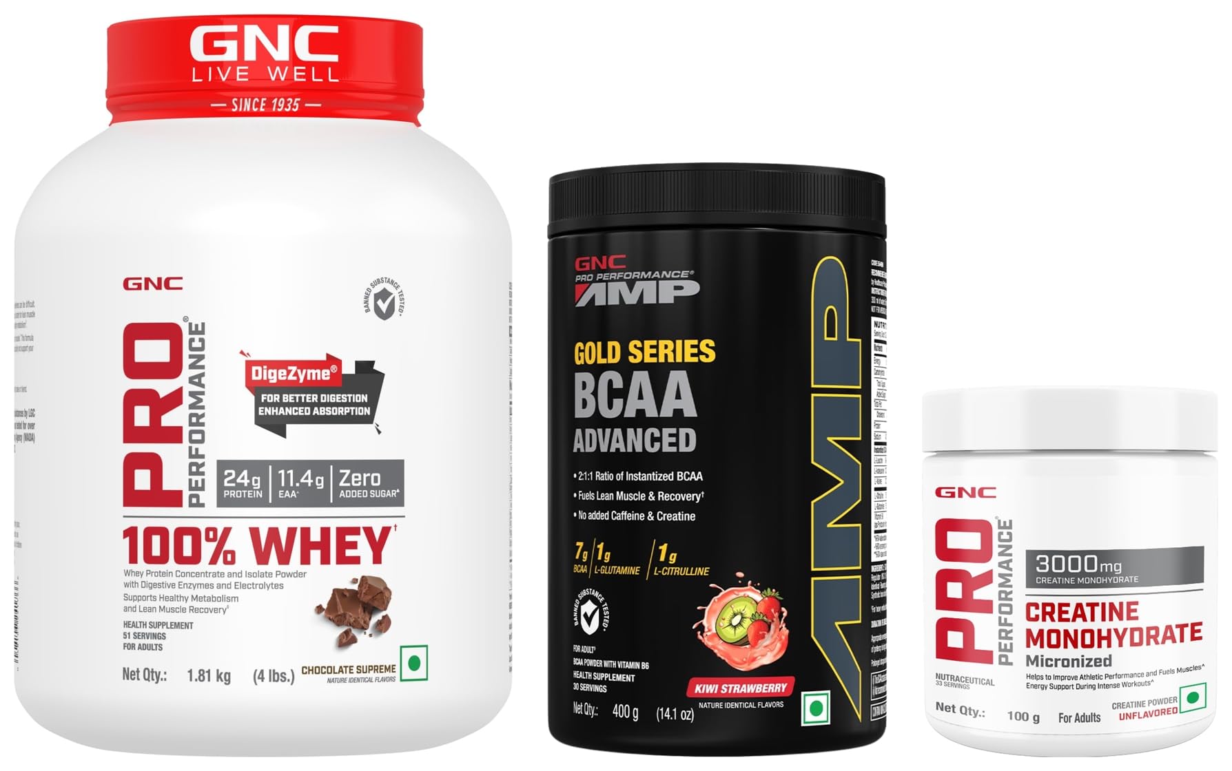 Pro Performance 100% Whey Protein Powder, AMP Gold Series BCAA Advanced | 400 gm | 30 Servings & Pro Performance Pure Micronized Creatine Monohydrate | 100 gm | 33 Serving, 2314 Grams