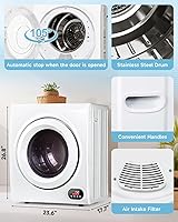 Vista 5 de Secadora de ropa portátil de 3.5 pies cúbicos - Secadora de ropa de 1500 W con tambor de acero inoxidable, carga frontal, panel táctil LCD - Unidad