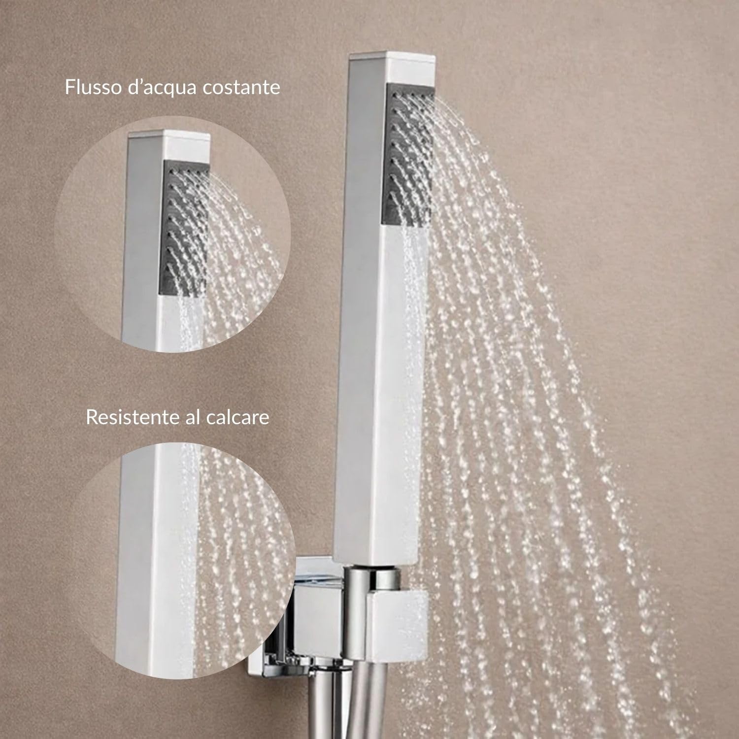 Kit Set Doccia Ottone Cromato Completo di Supporto Presa Acqua con Flessibile 150 cm e Doccetta Quadro - Include 3 Componenti - Finitura Cromata Lucida