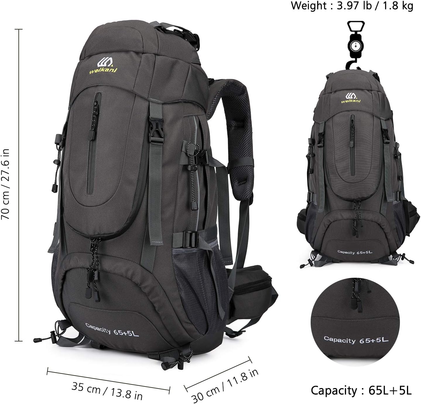 Weikani Hiking Backpack 65+5L with Internal Frame For Men Women, High-Performance Backpack for Travel, Camping, Backpacking Mountaineering (Grey)