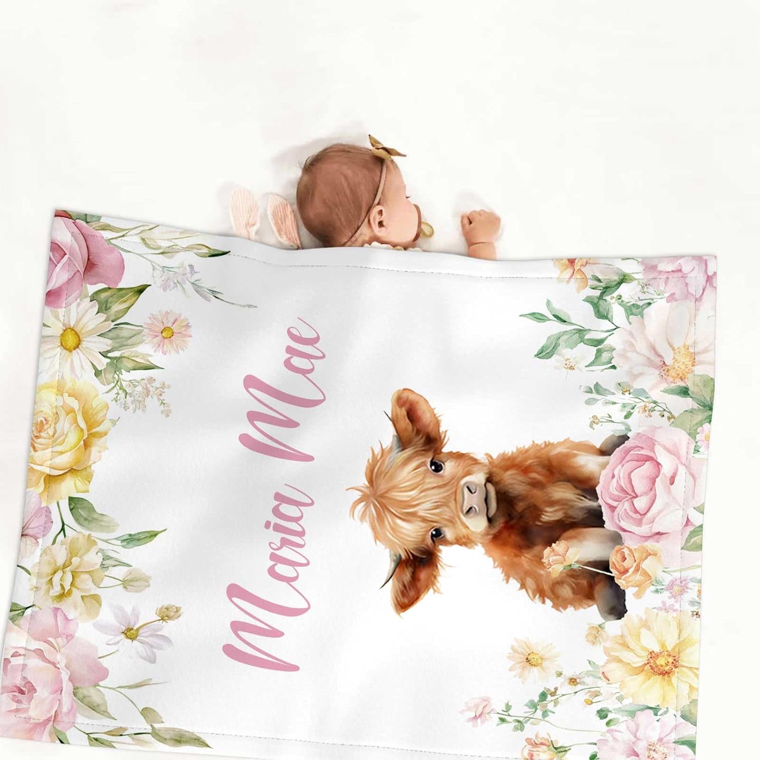 Personalized Baby Crib Bedding Set for Baby Girls – Custom Name 3 Piece Nursery Crib Set with Minky Dotted Blanket, Fitted Sheet & Pillowcase, High Land Cow Floral Bedding for Newborns Toddlers