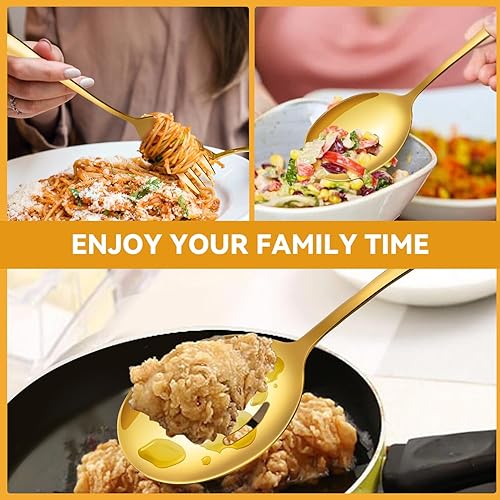 Miniatura 4 de Juego de utensilios de servir dorados para fiestas, cucharas grandes de metal de acero inoxidable, cucharas ranuradas, tenedores, pinzas, cucharas