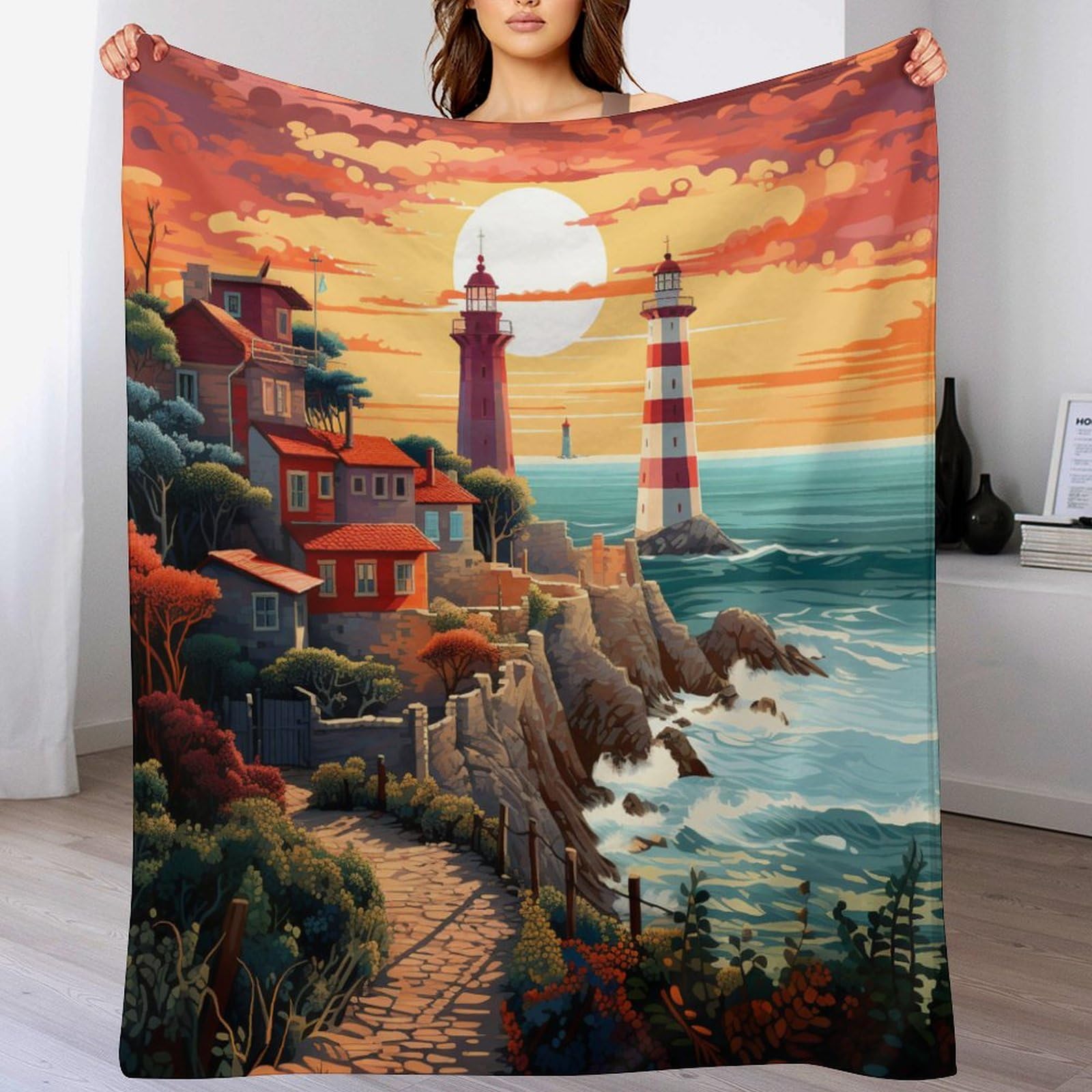 Couverture en flannel haute qualité motif phares côtiers épais