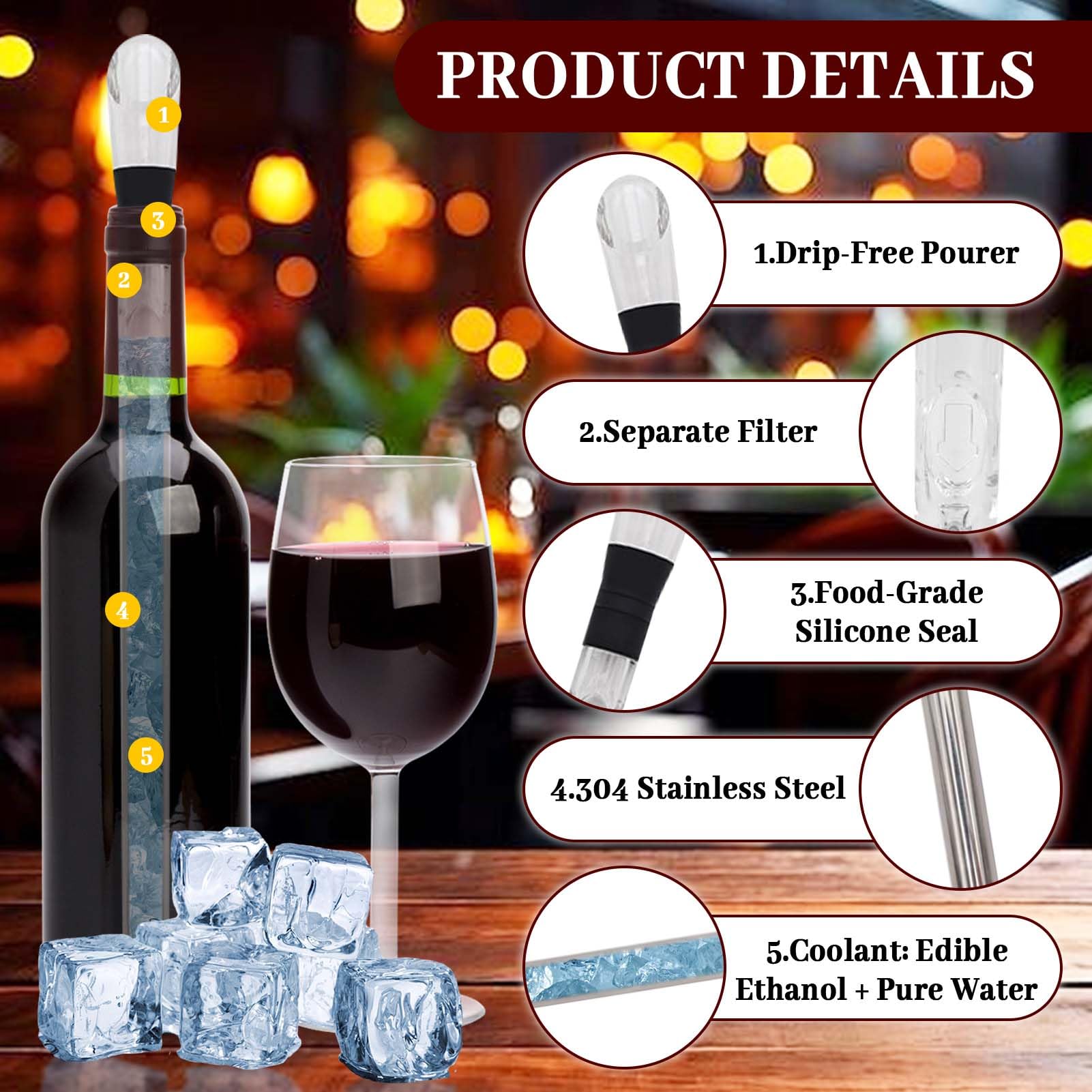 2Pcs Wine Cooler Sticks, 3-in-1 Stainless Steel Wine Chiller Stick with Aerator Drip-Free Pourer - Image 3