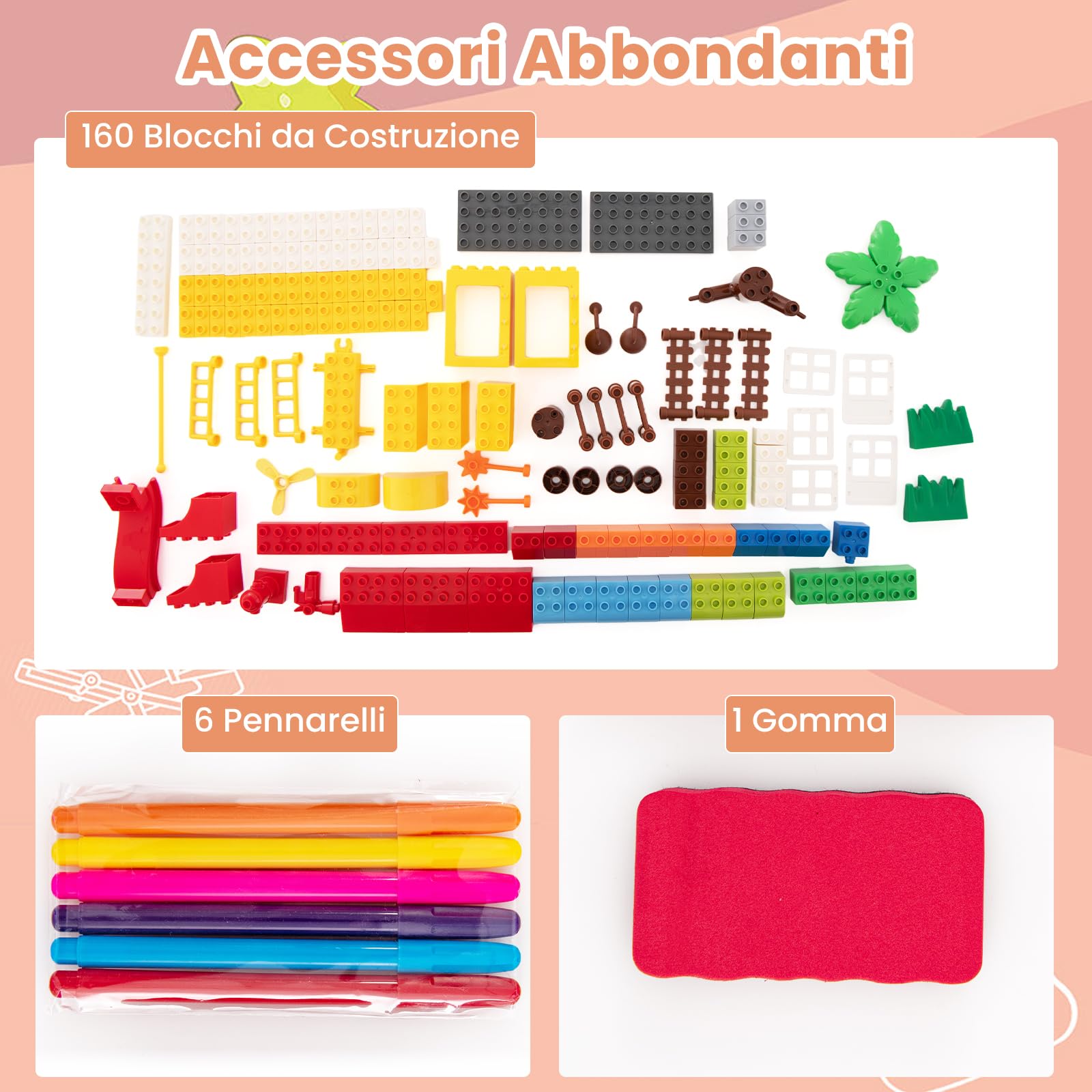 COSTWAY 2 in 1 Set Tavolo e Cavalletto per Bambini, Tavolo Multiattività con Sedia e Piano Reversibile, Set Tavolo Attività con 160 Blocchi da Costruzione 6 Pennarelli 1 Cancellino, 84x58x55 cm