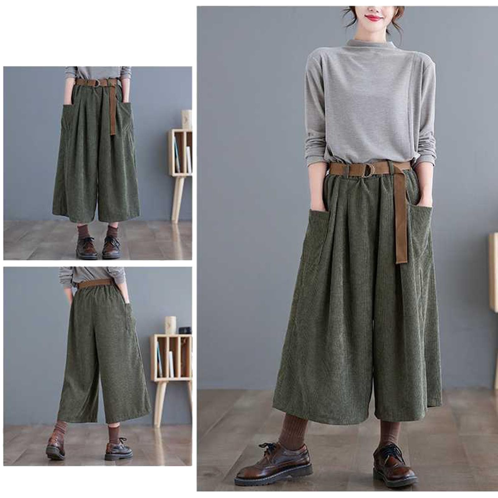 Pantalon Large Taille Haute élastique pour Femme, Pantalon Ample en Velours côtelé avec Ceinture pour l'automne et l'hiver