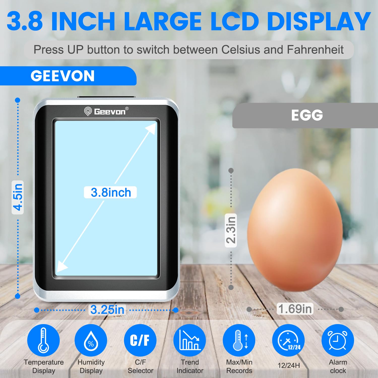 Detailed view of the LCD display showing dimensions and various indicators