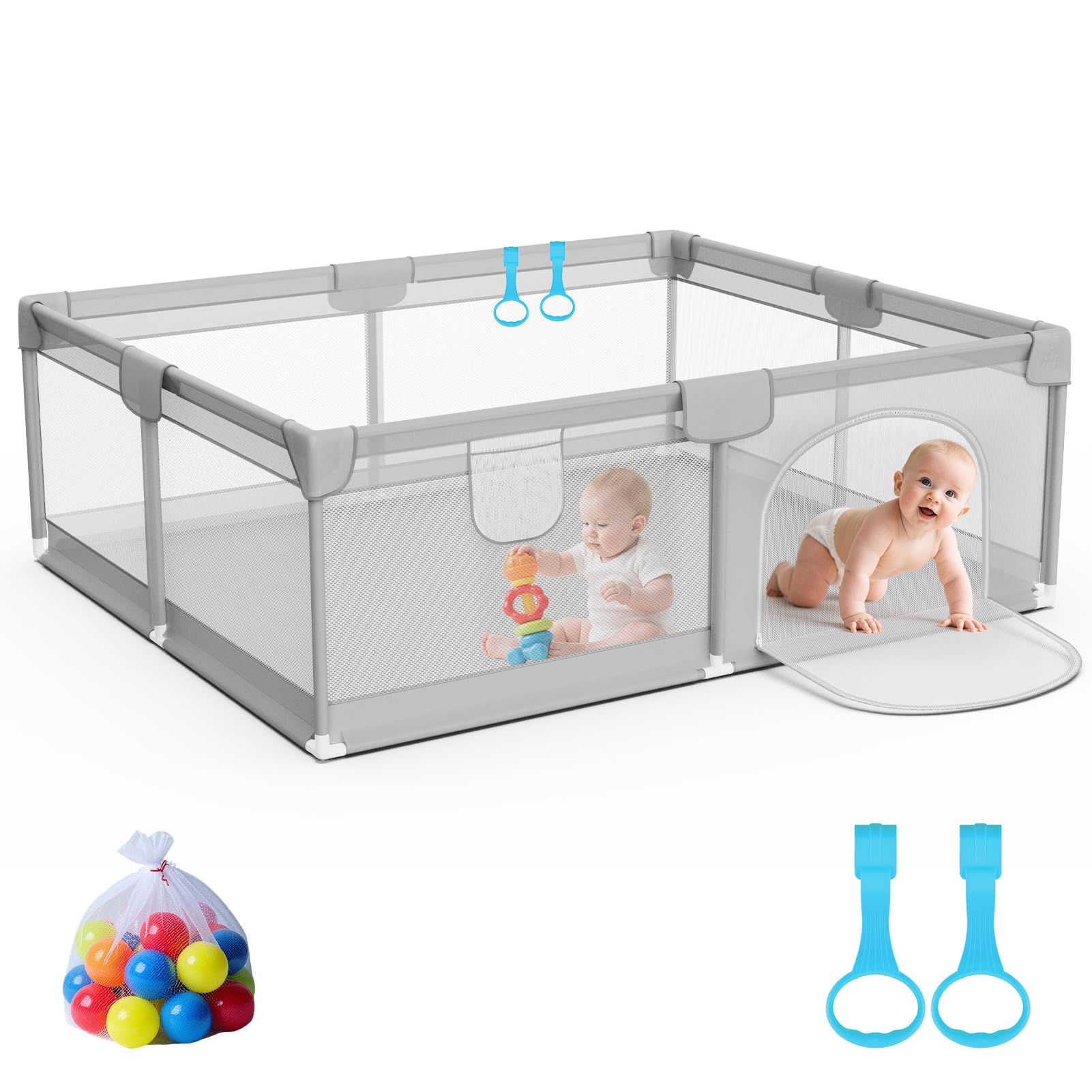 Omzer Baby Playpen 71x59inch - Large Playpen with Storage Bag & 50 Ocean Balls for Babies and Toddlers Safe Indoor Play Yards