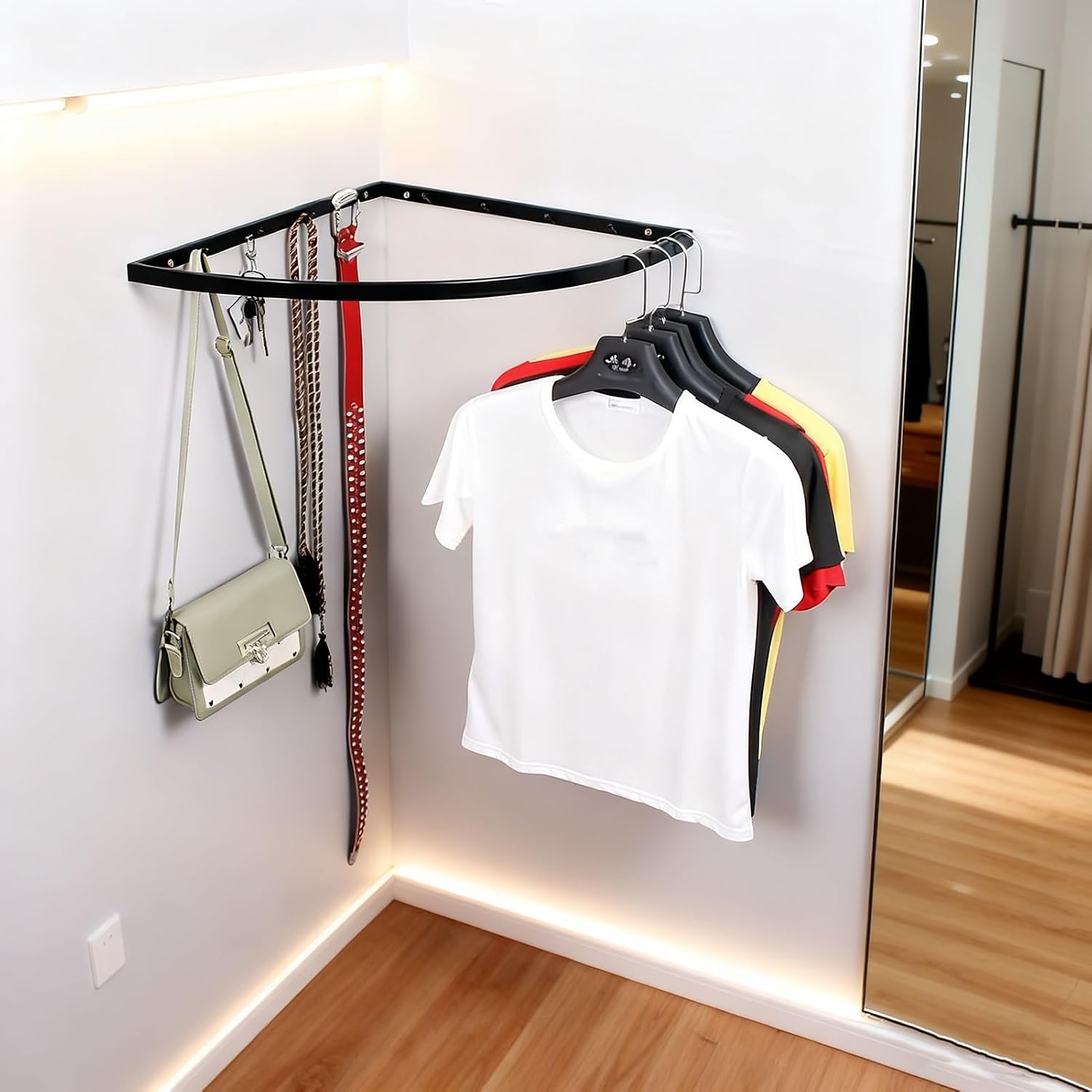 Closet Rod Curved Corner Closet Rod Support Bracket, Space Saving Fitting Room Hanging Rod Wall Mount, Right Angle Clothes Rail Pole 30/40/50/60 cm(Black,50cm(19 3/4"))