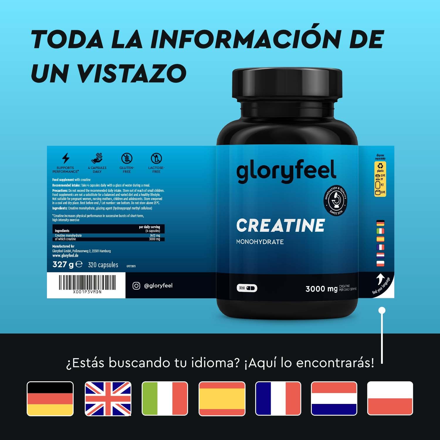 Creatina Monohidratada 3.412mg - 320 Cápsulas - Para la masa muscular, tu entrenamiento, el deporte y el fitness - 3000mg Creatina pura en polvo en altas dosis - Probado en laboratorio Sin aditivos