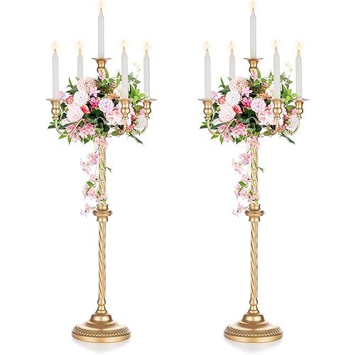Sziqiqi Floor Candlestick Holder Gold Candelabra - 35inch Tall Candlestick Holders for Taper Candles Candle Sticks Holder Decor for Wedding Table Centerpiece Anniversary Ceremony 2pcs