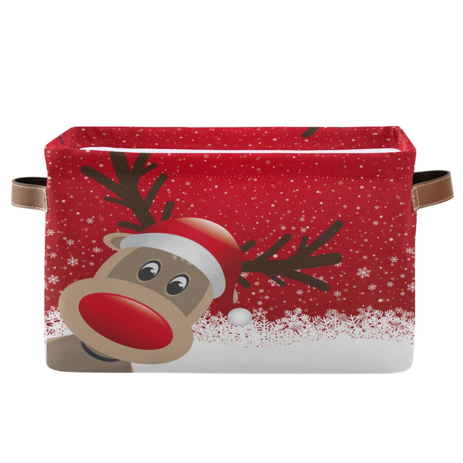 Christmas Reindeer White Snowflakes on Red Storage Basket for Shelves for Organizing Closet Shelf Nursery Toy, Fabric Collapsible Storage Organizer Bins Decorative Baskets with Handles Cubes 1 Pack