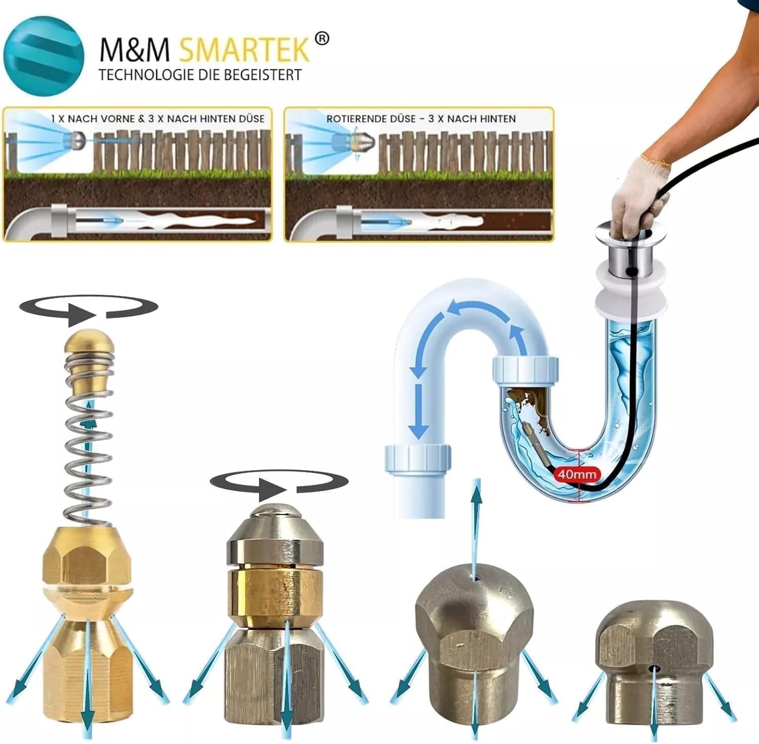 50 Meter M&M Smartek Rohrreinigungsschlauch für/kompatibel zu Kärcher Home K2 K3-K7 ROHRREINIGUNGSSET Spirale (Raketen- & Bohrstrahldüse)