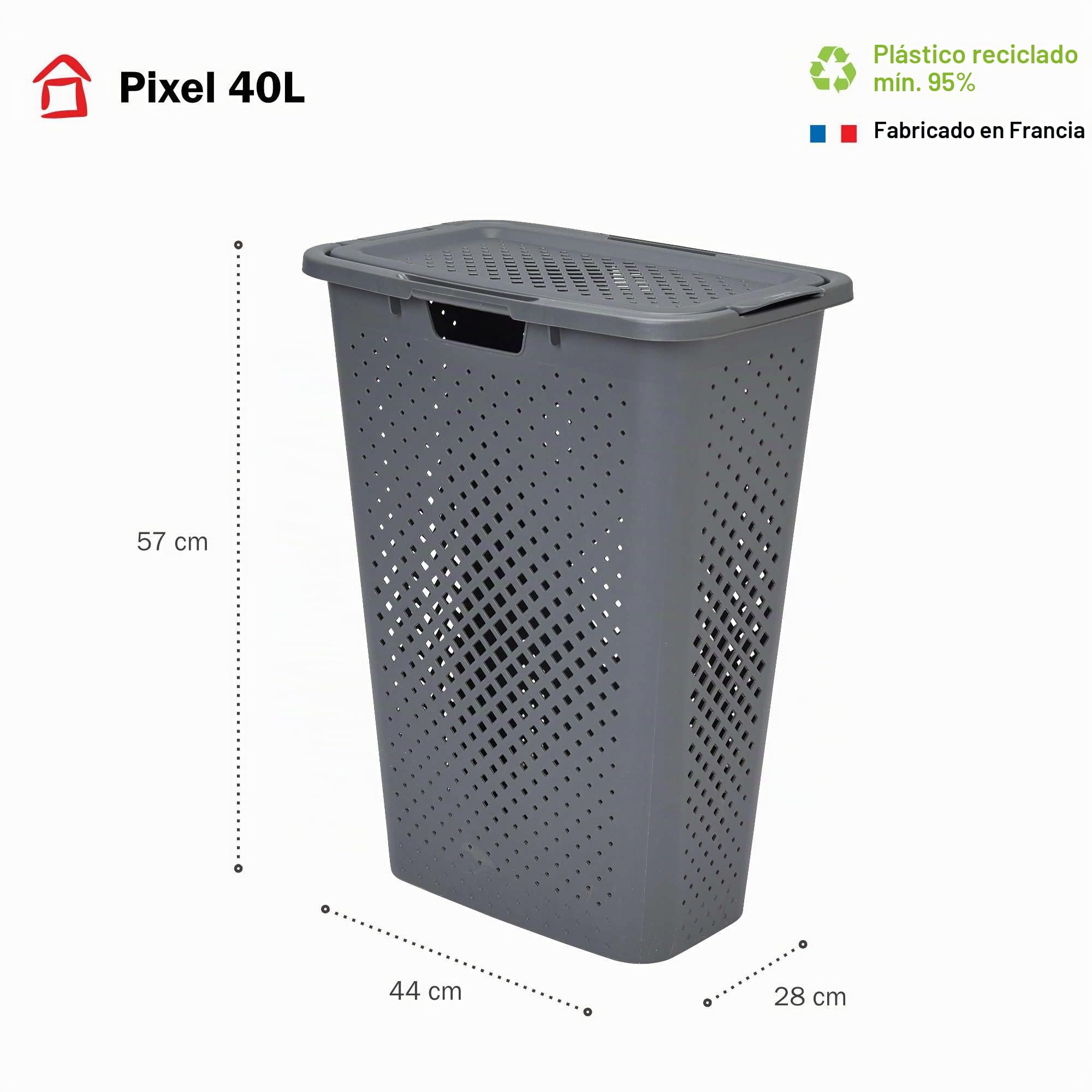 SUNDIS Pixel, cesto de ropa con tapa, 40L, gris | Ideal para espacios reducidos, 2 asas laterales y 1 asa debajo, ventilación en los 4 lados, plástico reciclado