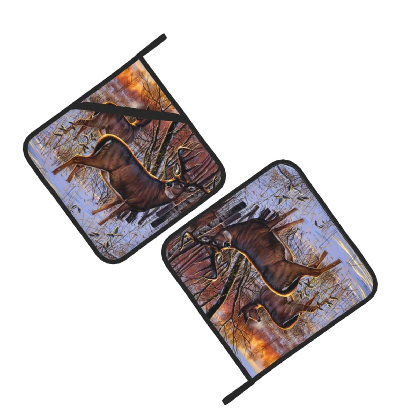 Deers Picture Printed Oven Pot Holders Set of 2 Pcs Heat Resistant Kitchen Microwave Potholders for Cooking Baking Grilling