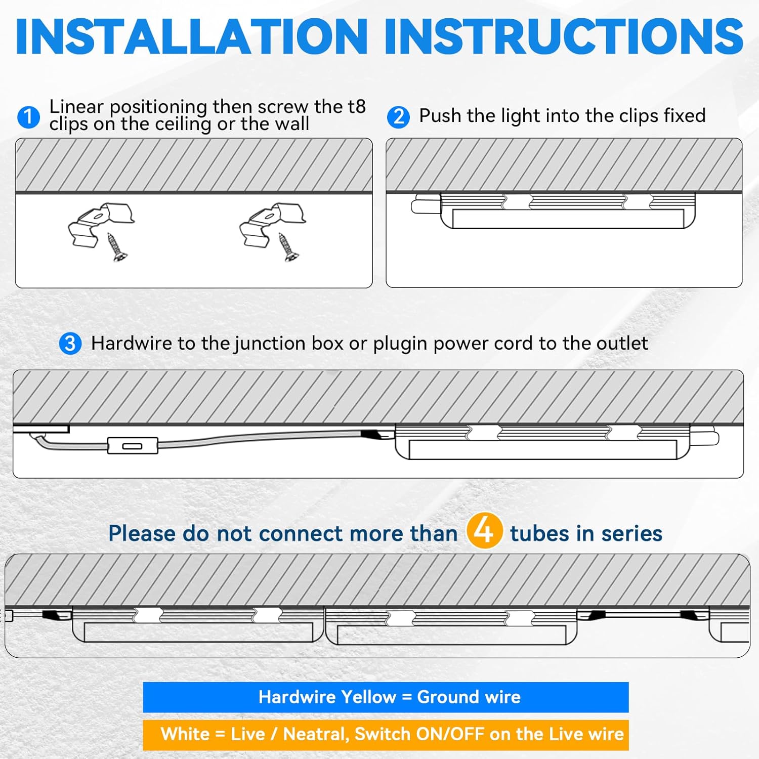 Step-by-step diagram showing how to install the LED shop light. It illustrates marking positions, screwing in clips, and then snapping the light into the clips.