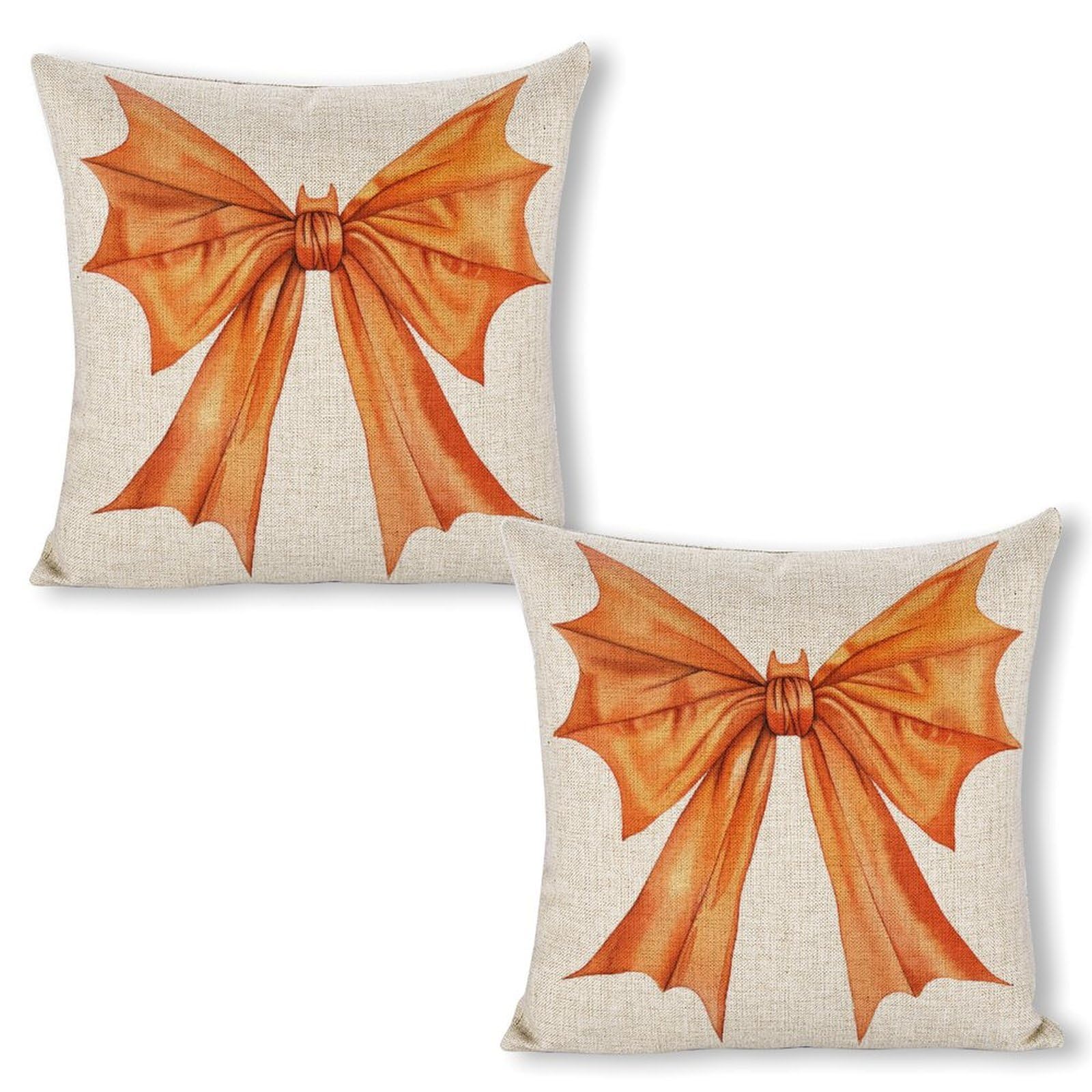 Peiyeety Linen Halloween Ribbon Bow Orange Bat-Wing Shaped Pillow Covers 18X18 Set Of 2, Throw Pillows Covers Cushion Case For Couch Sofa Farmhouse Decor