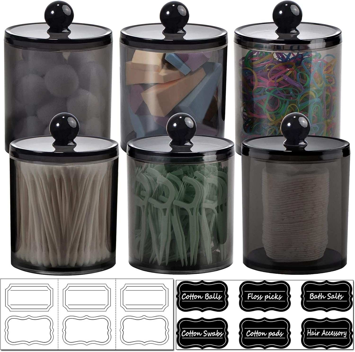 6 Pack of 12 Oz. Qtip Dispenser Apothecary Jars Bathroom with Labels