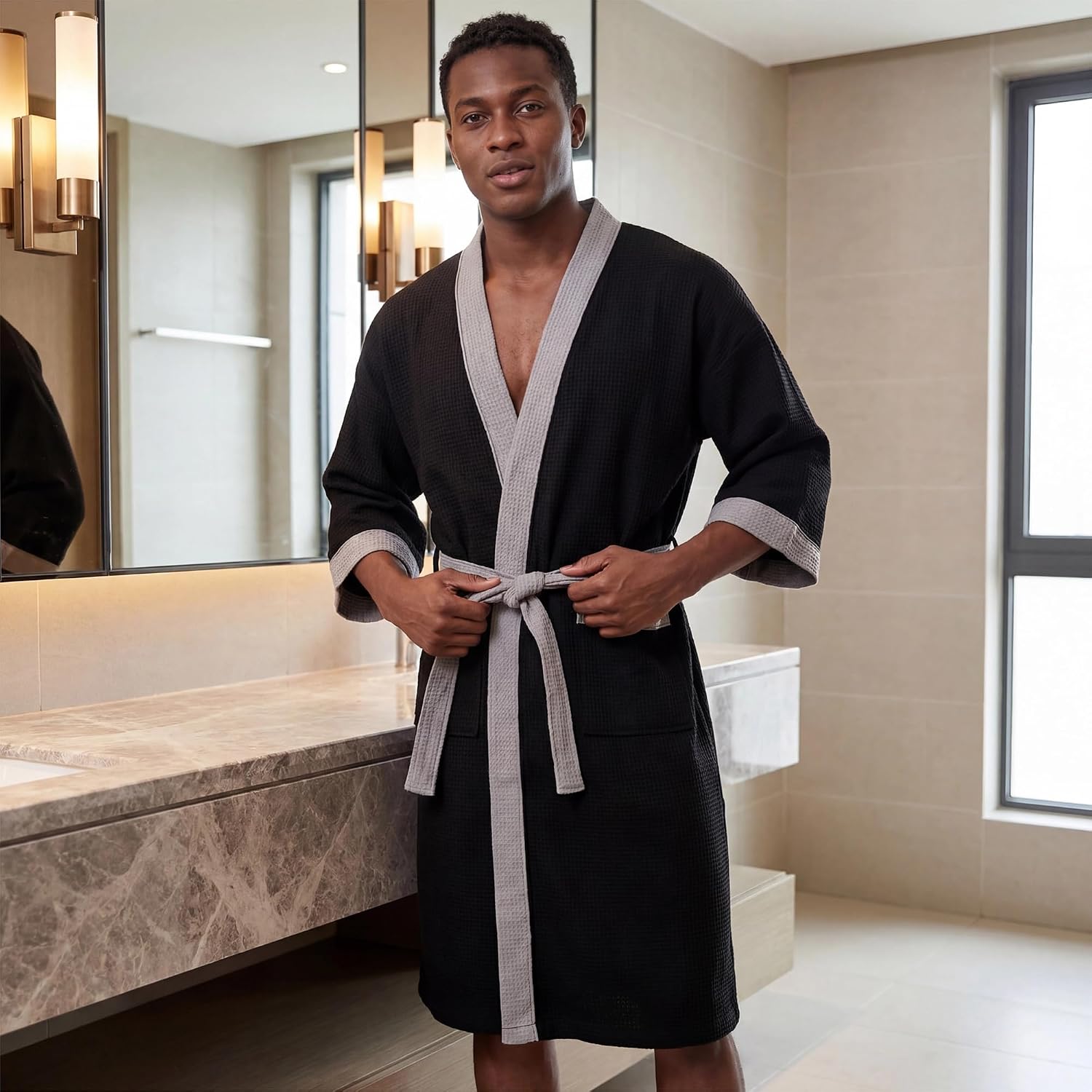Haseil Men's Turkish Cotton Bathrobe Waffle Kimono Terry Cloth Hotel Spa Robes image 3