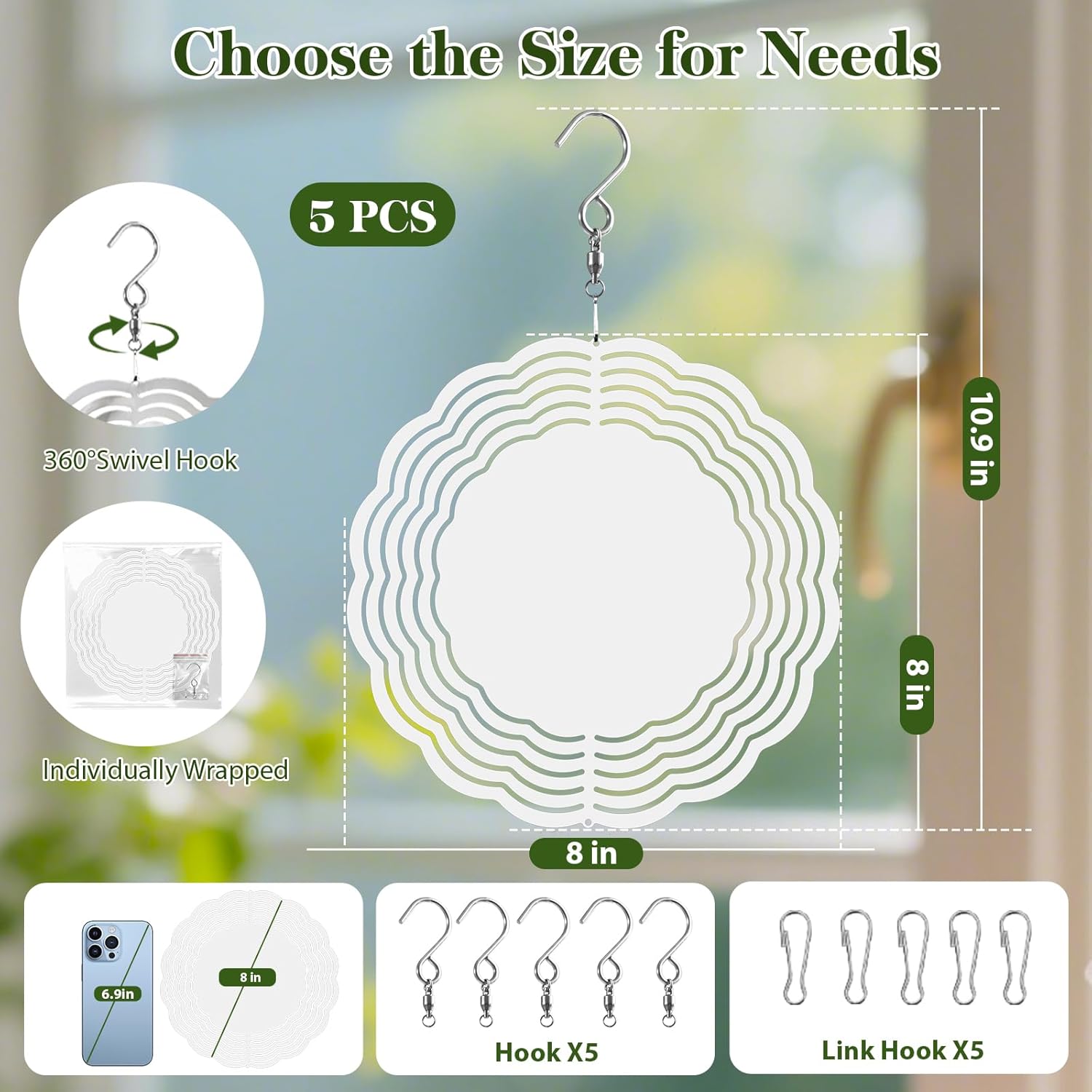 10 Pack Sublimation Wind Spinner Blanks, 8 Inch Double-Sided Sublimation Metal Blanks Bulk for Transfer DIY, Aluminum Hanging Wind Spinners for Indoor Outdoor Porch Garden Yard Window Decor