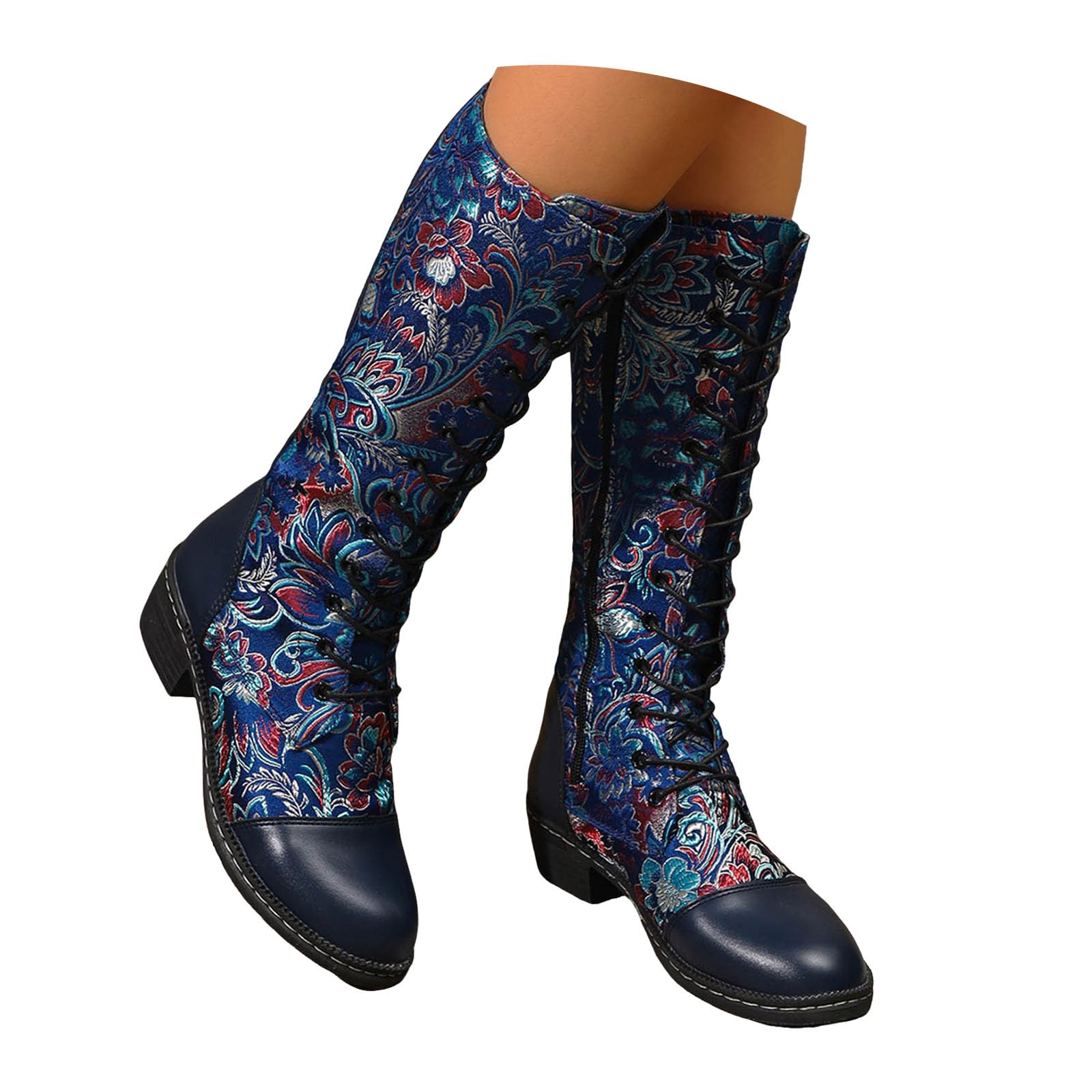 Knee High Combat Boots for Women Vintage Ethnic Flower Embroidered Leather Lace Up Round Toe Chunky Low Heels