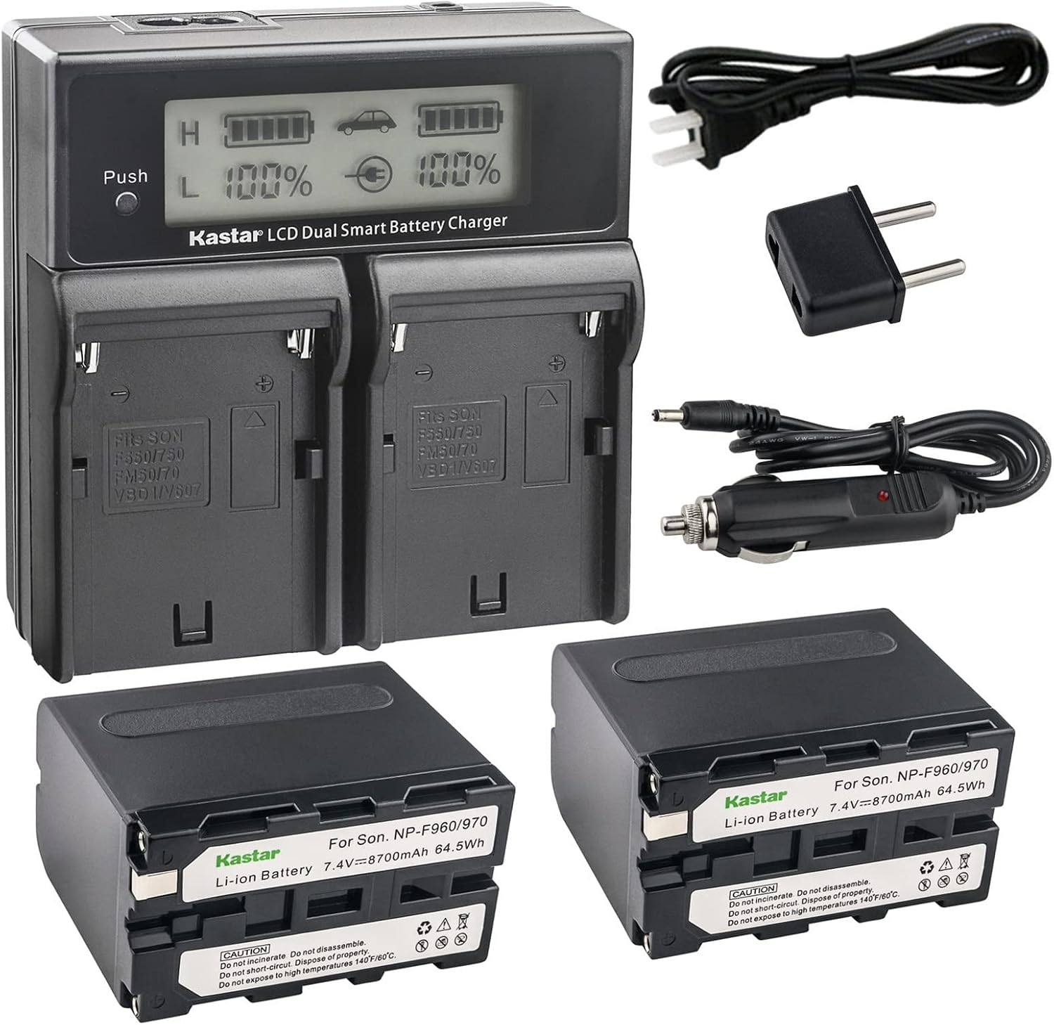 Kastar LCD Dual Fast Charger & 2 Battery Replacement for Sony NP-F970 NP-F960 NP-F950 DCR-VX2100 DSR-PD150 DSR-PD170 FDR-AX1 HDR-AX2000 HDR-FX1 HDR-FX7 HDR-FX1000 HVL-LBPB HVR-HD1000U HVR-V1U HVR-Z1P